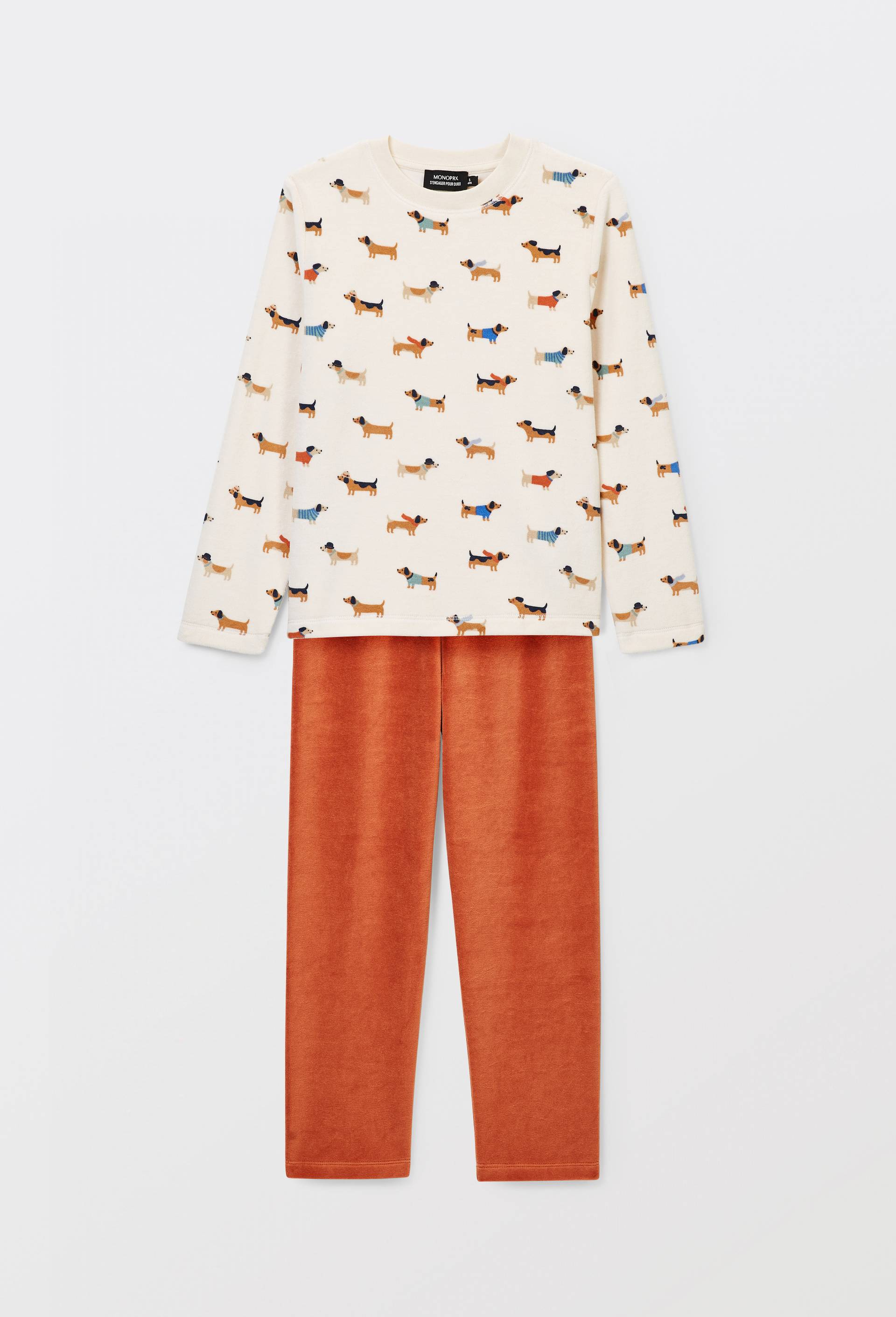 Pyjama velours manches longues imprim&eacute; en coton BIO GOTS, Orange fonc&eacute;, large image number 2