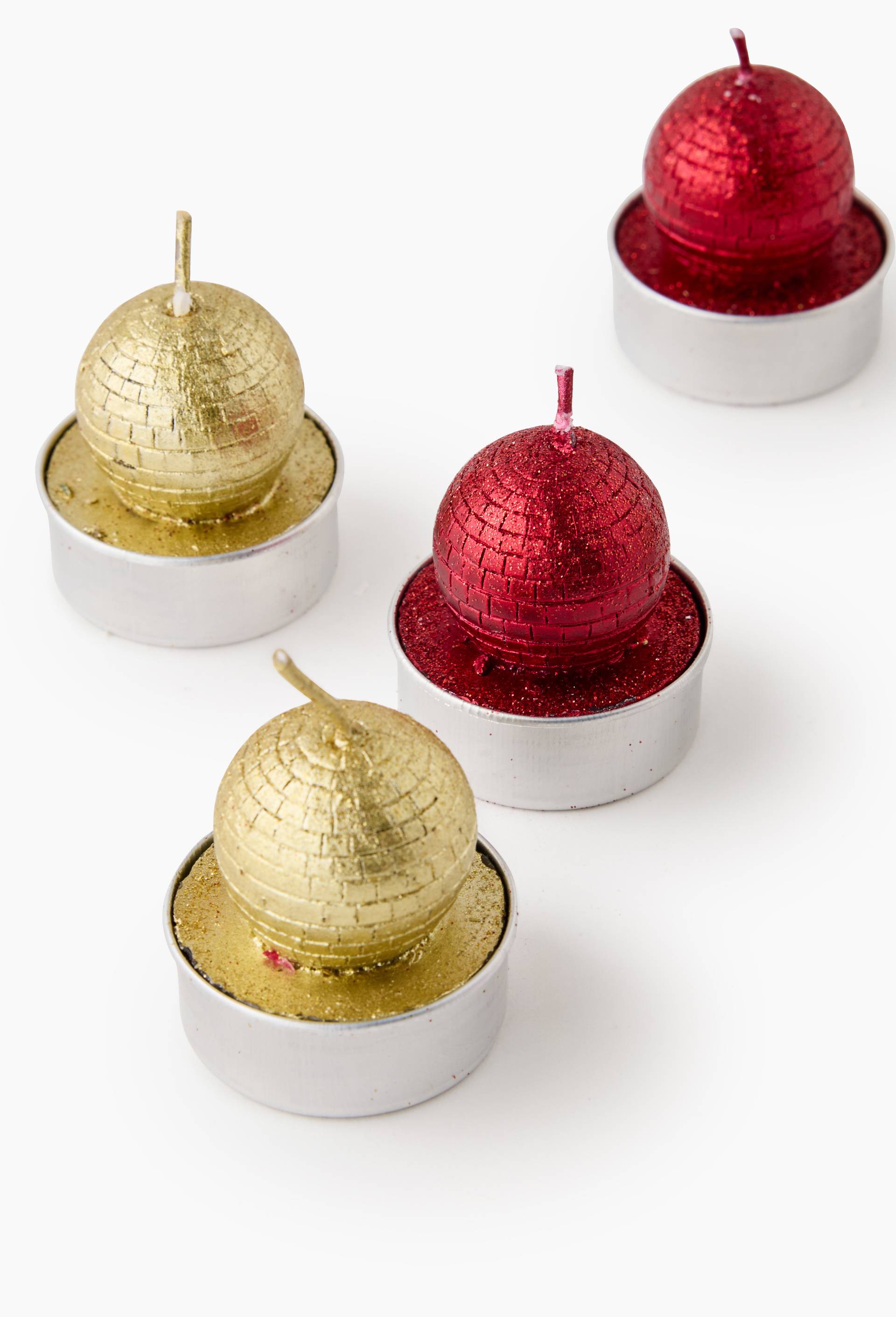 Boite 6 t-light boule disco rouge et dor&eacute;,  D3.8cm, en cire, Rouge, large image number 1