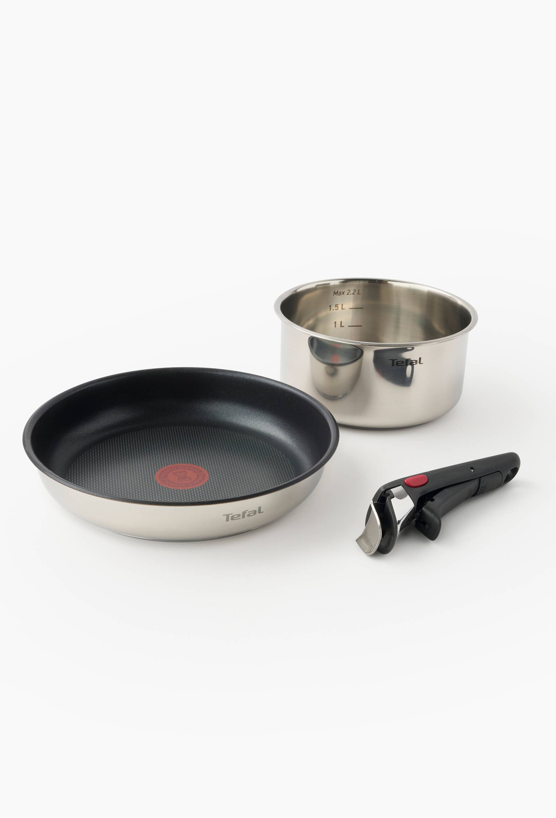 Lot de 3 pi&egrave;ces casserole, po&ecirc;le et pogn&eacute;e amovible, gamme Ingenio Cook Eat, Argent, large image number 0