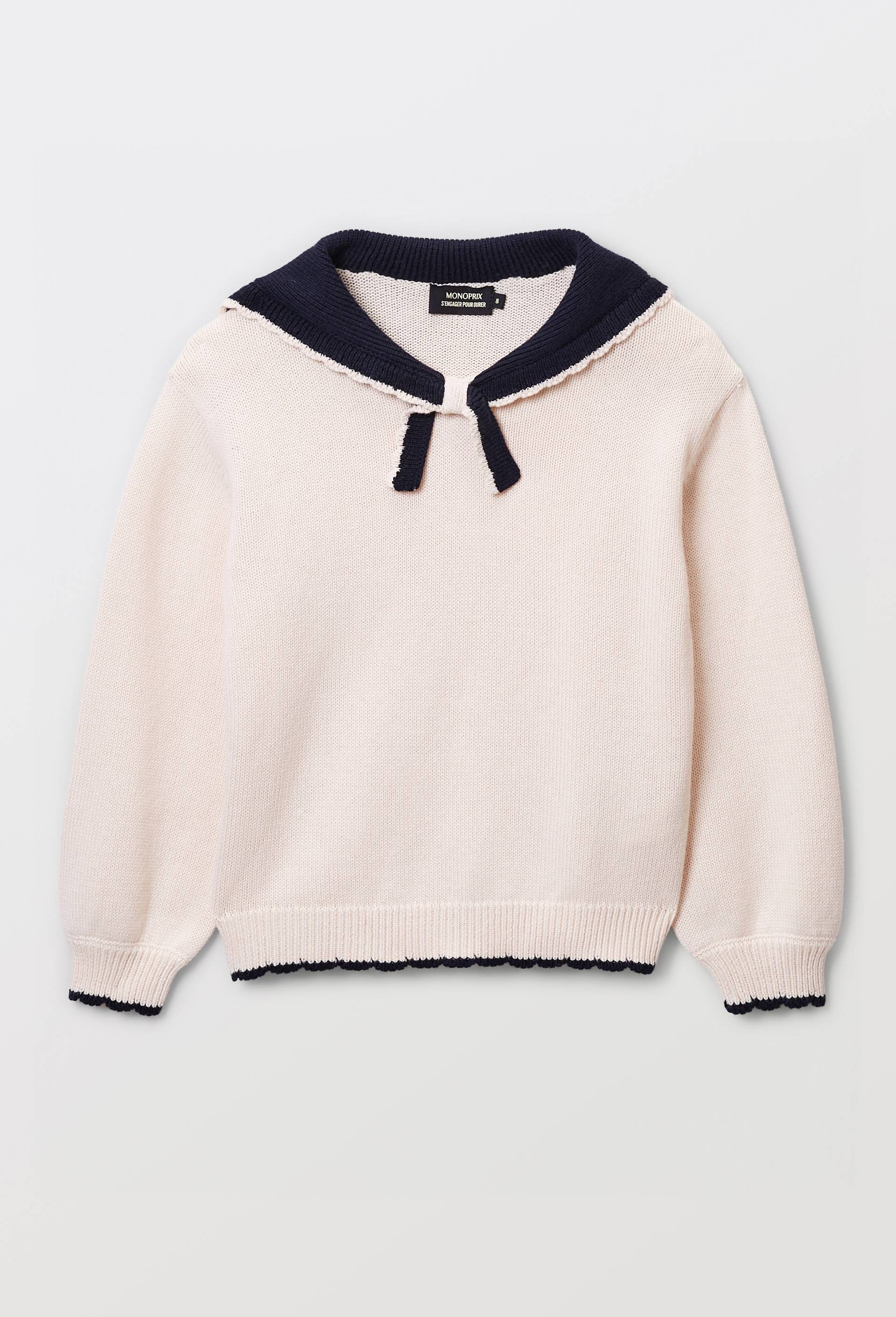 Pull col marin en laine et coton, Beige clair, large image number 1