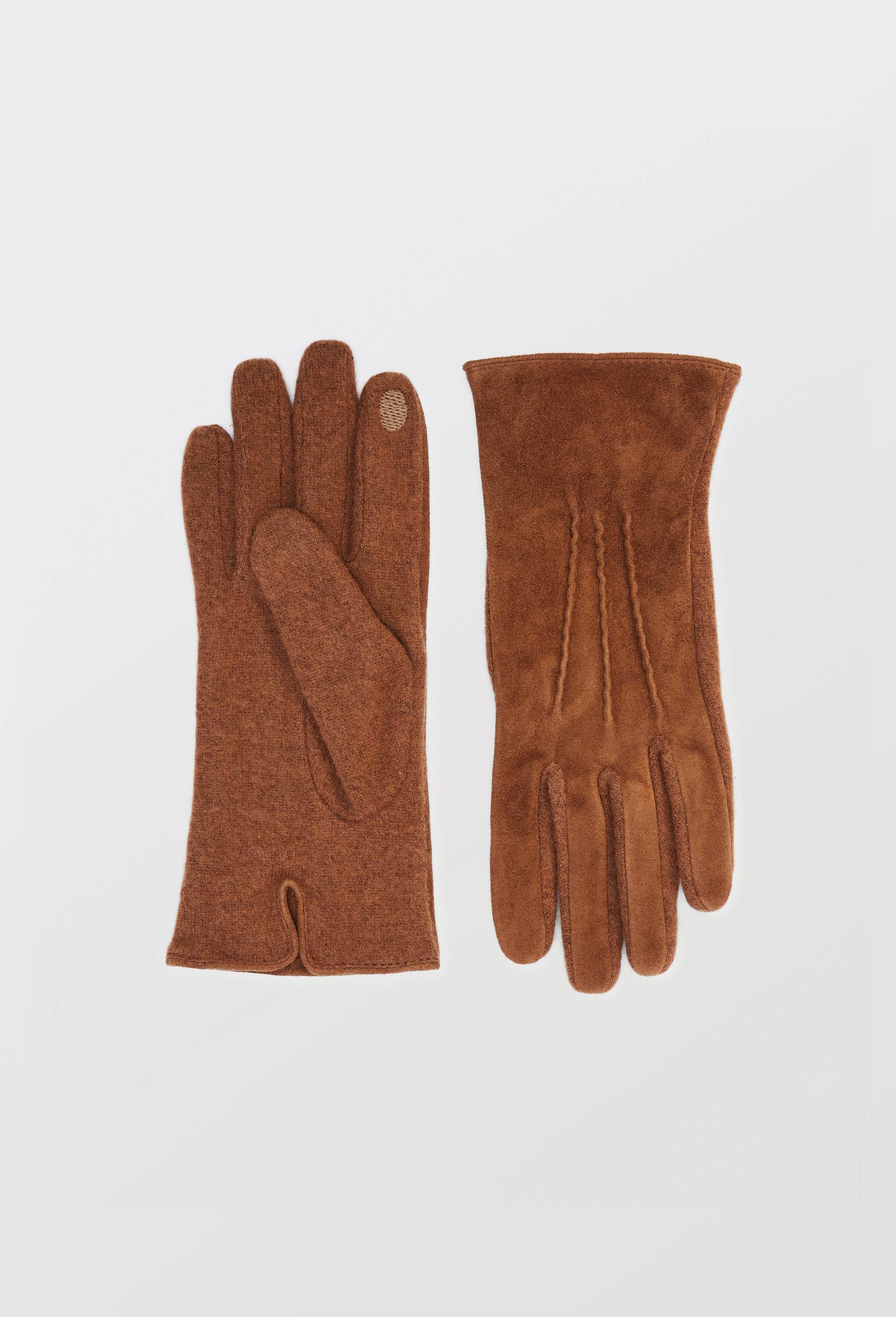 Gants tactiles bi-mati&egrave;re en cuir et laine, Brun, swatch image