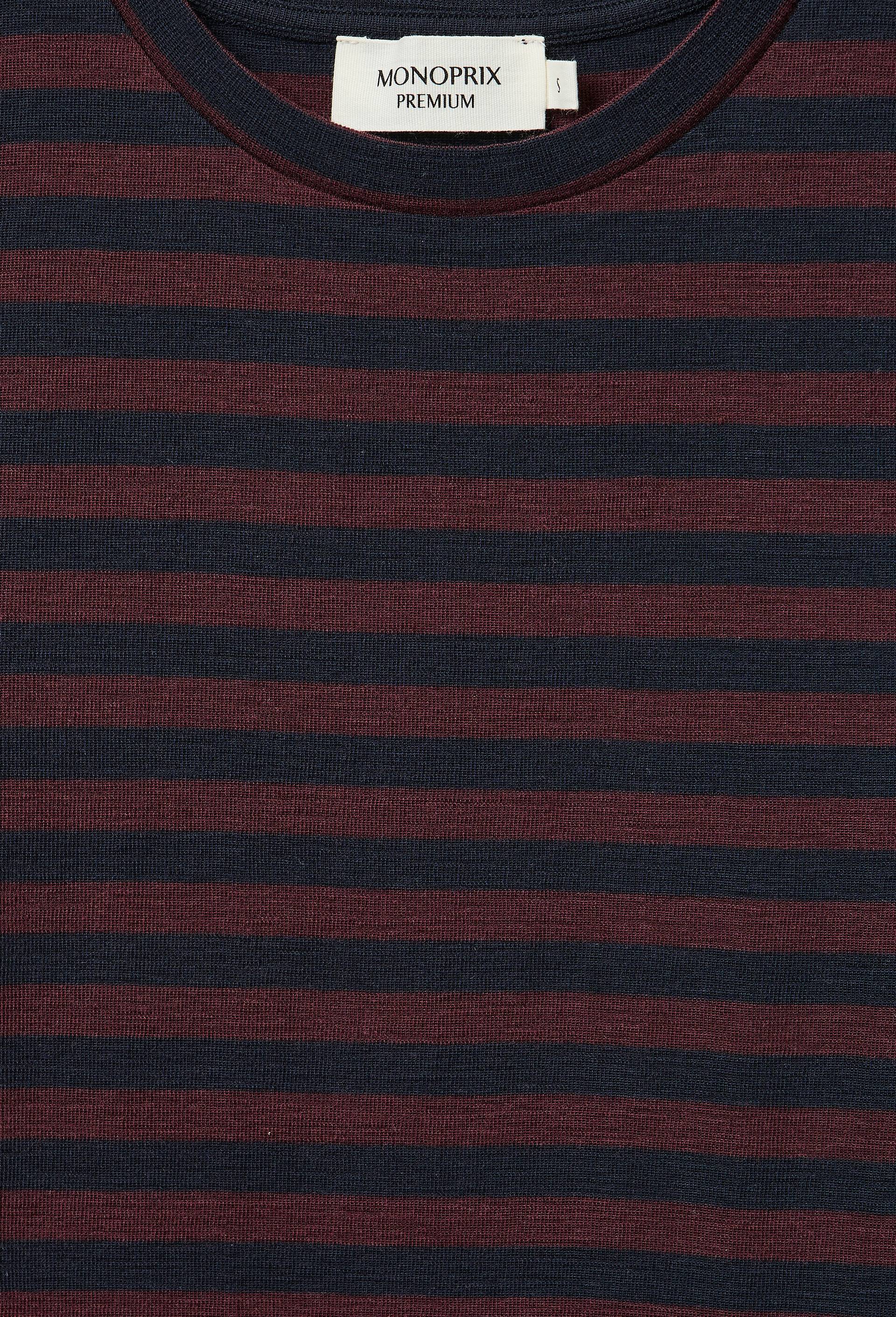 T-shirt manches longues en laine m&eacute;rinos ray&eacute;, Rouge fonc&eacute;, large image number 2.0
