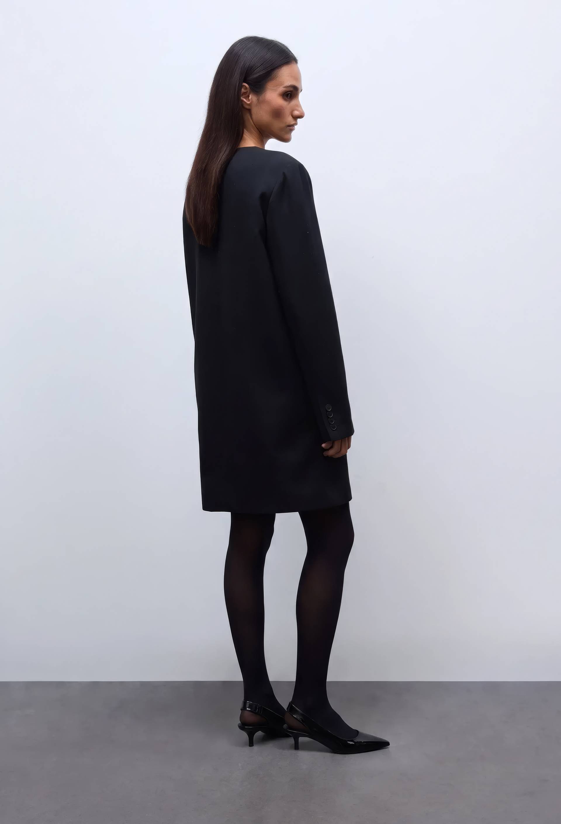 Robe courte unie contenant de la laine, Noir, large image number 1