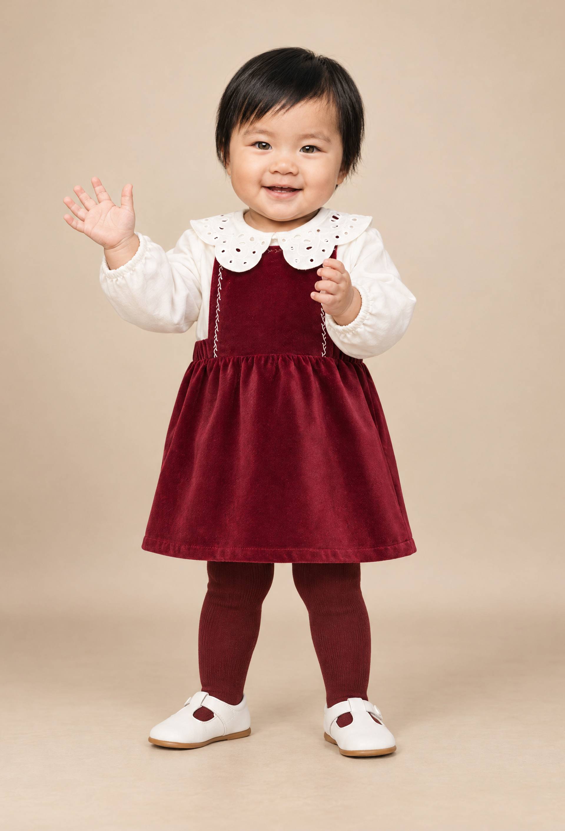 Ensemble robe en velours unie et blouse brod&eacute;e en coton, Rouge fonc&eacute;, large image number 0