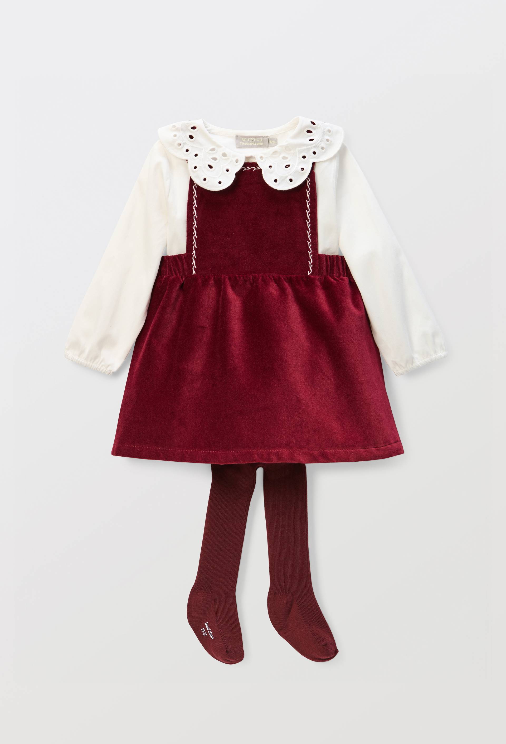 Ensemble robe en velours unie et blouse brod&eacute;e en coton, Rouge fonc&eacute;, large image number 1
