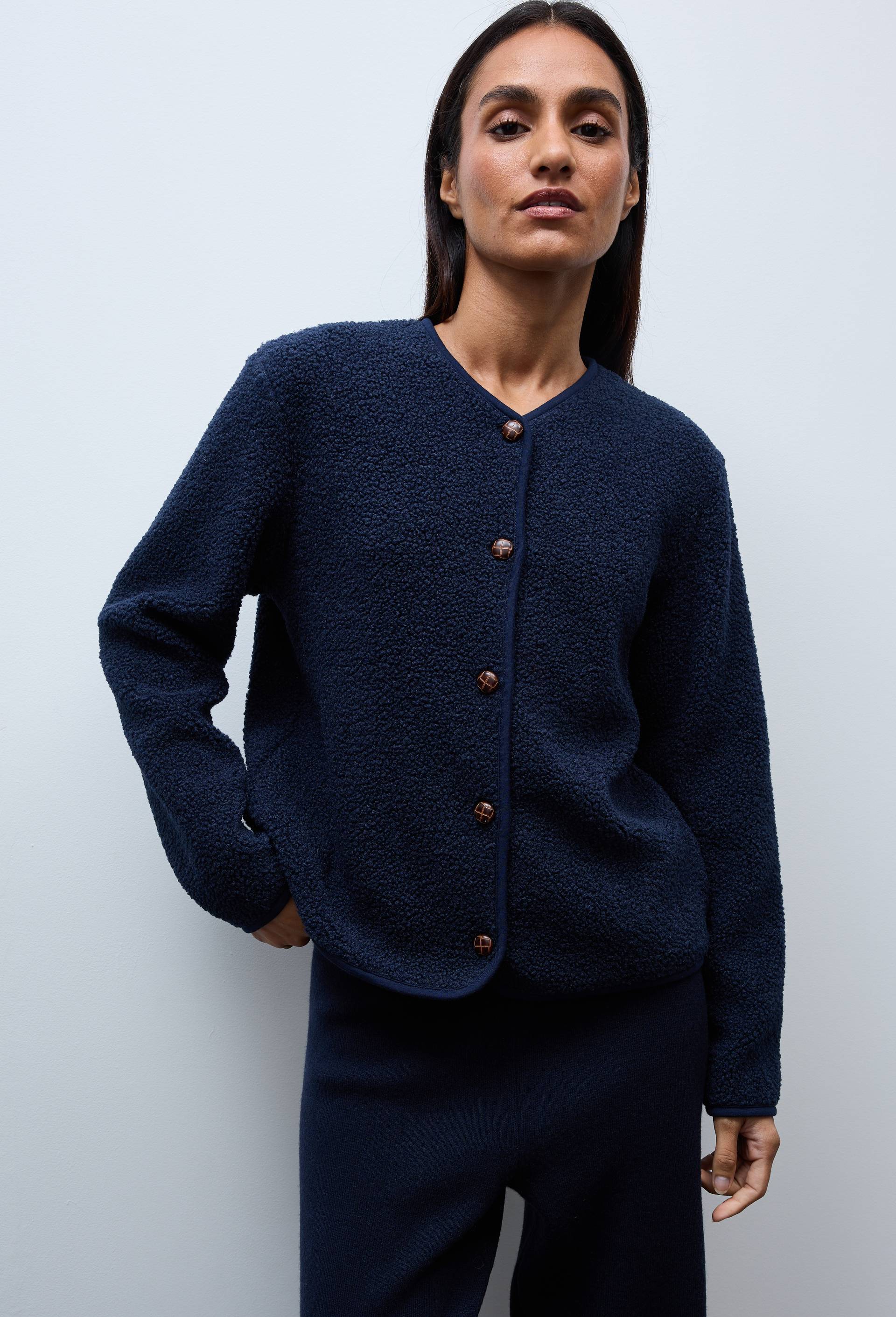 Veste manches longues en sherpa doublure tartan, Bleu fonc&eacute;, large image number 0