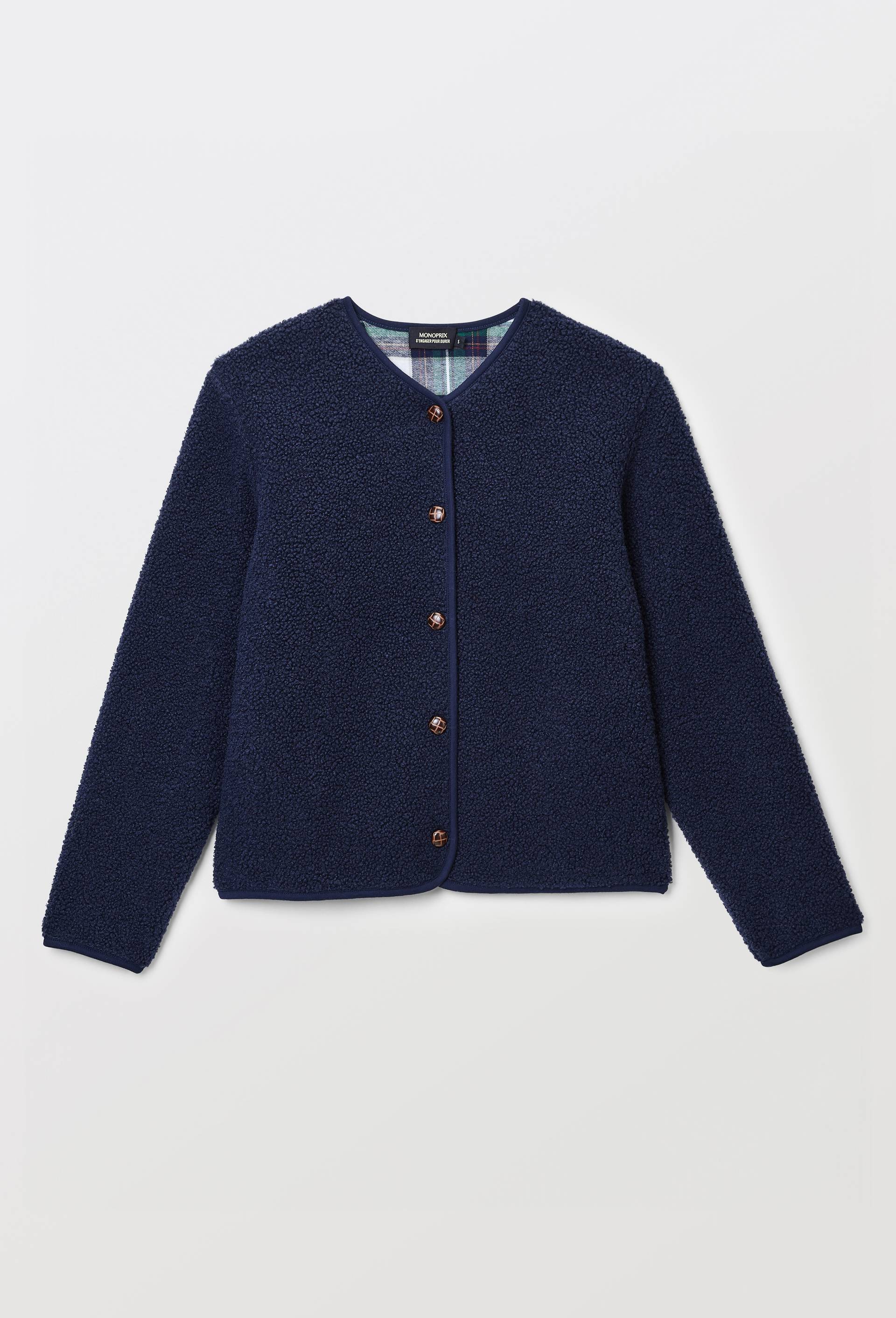 Veste manches longues en sherpa doublure tartan, Bleu fonc&eacute;, large image number 2