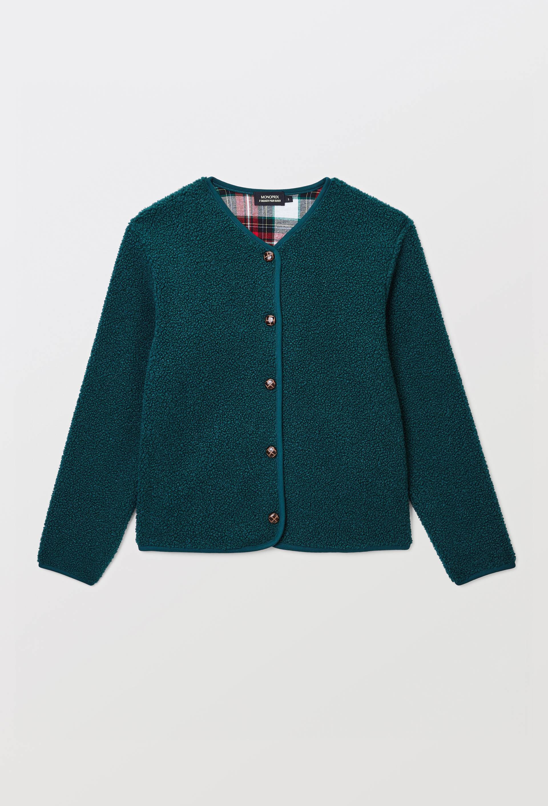 Veste manches longues en sherpa doublure tartan, Vert fonc&eacute;, large image number 2