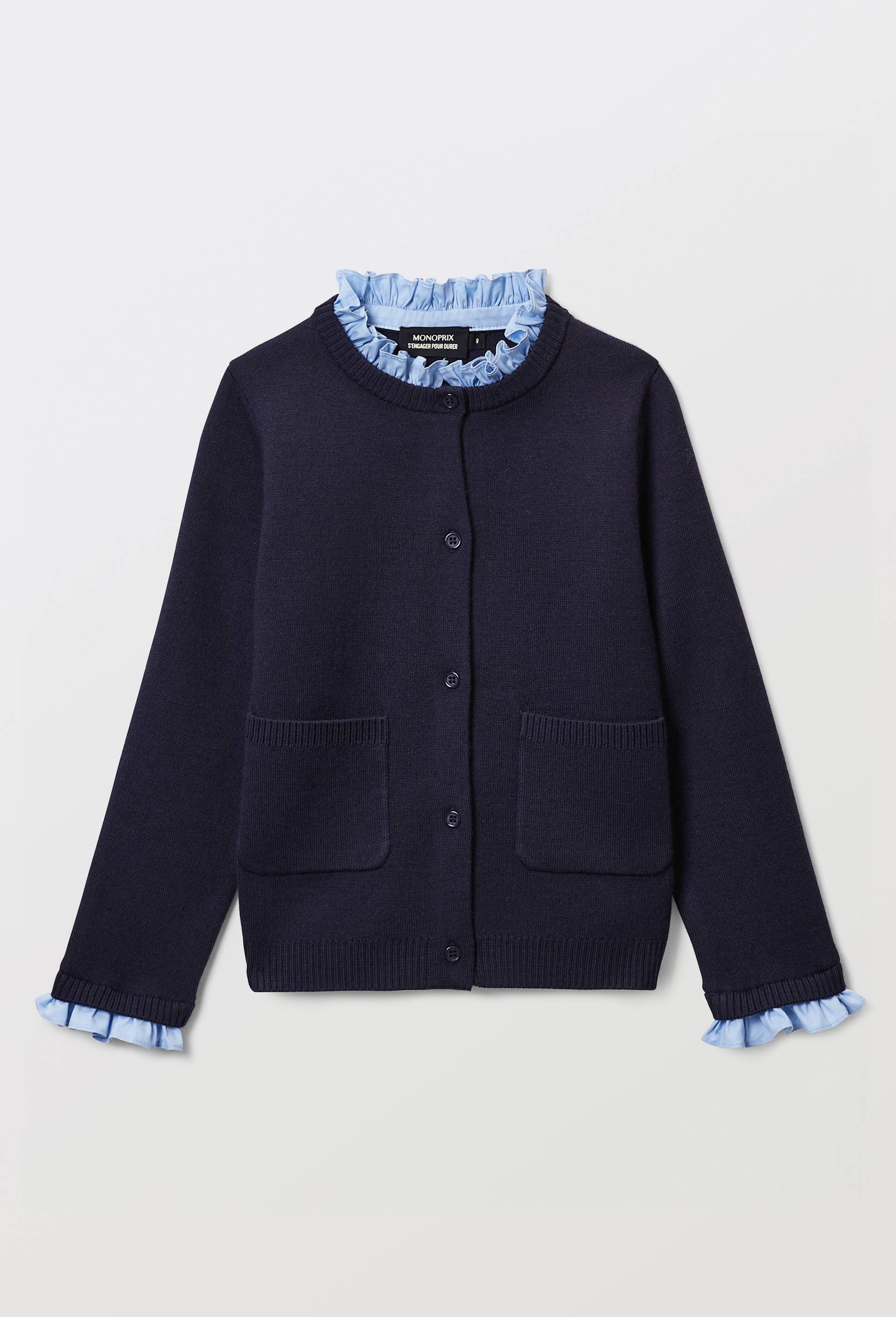 Pull avec col et poignets de chemise contenant de la laine, Bleu fonc&eacute;, large image number 0.0