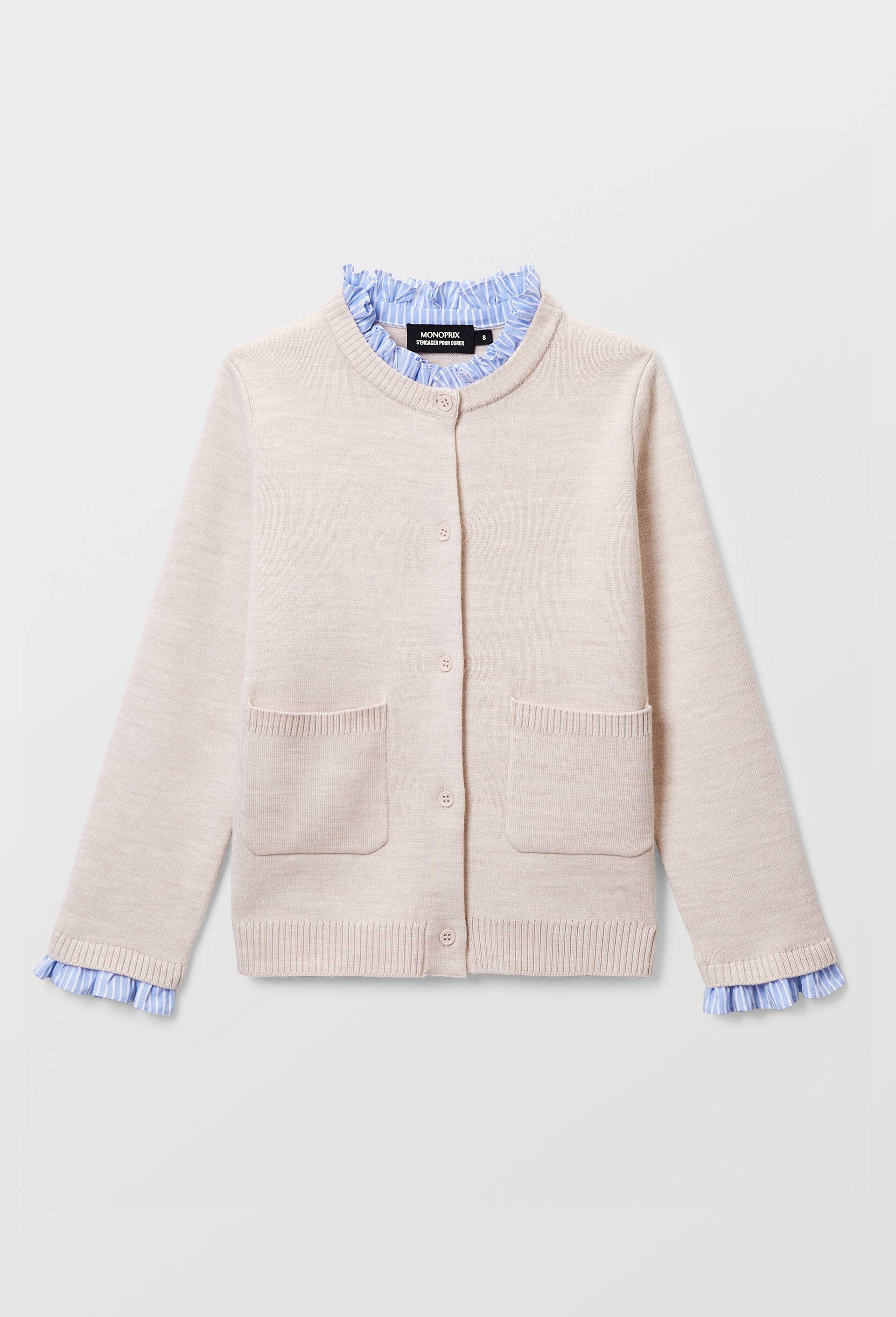 Pull avec col et poignets de chemise contenant de la laine, Beige, large image number 3.0