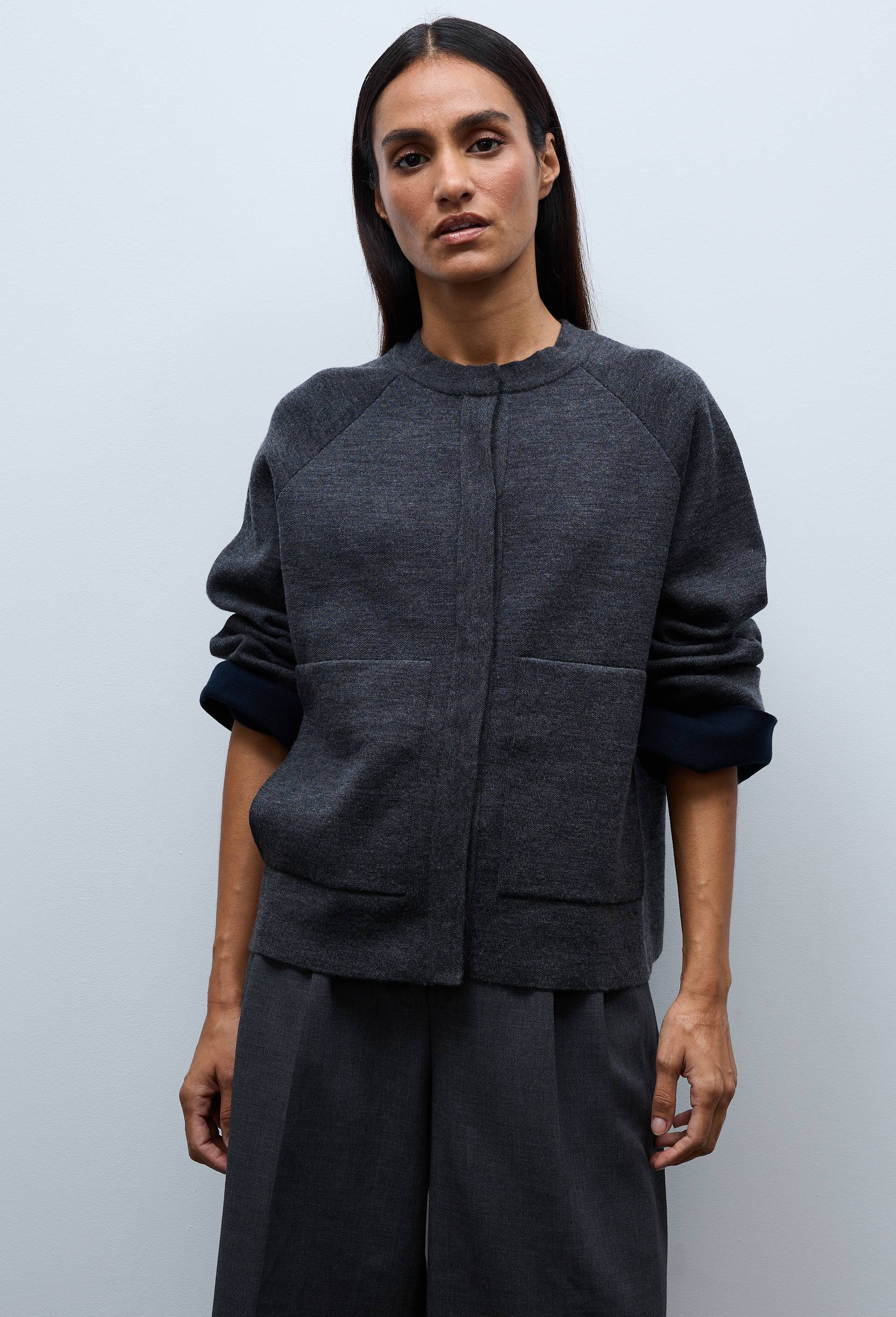 Cardigan &agrave; pressions en coton laine, Gris fonc&eacute;, large image number 0.0