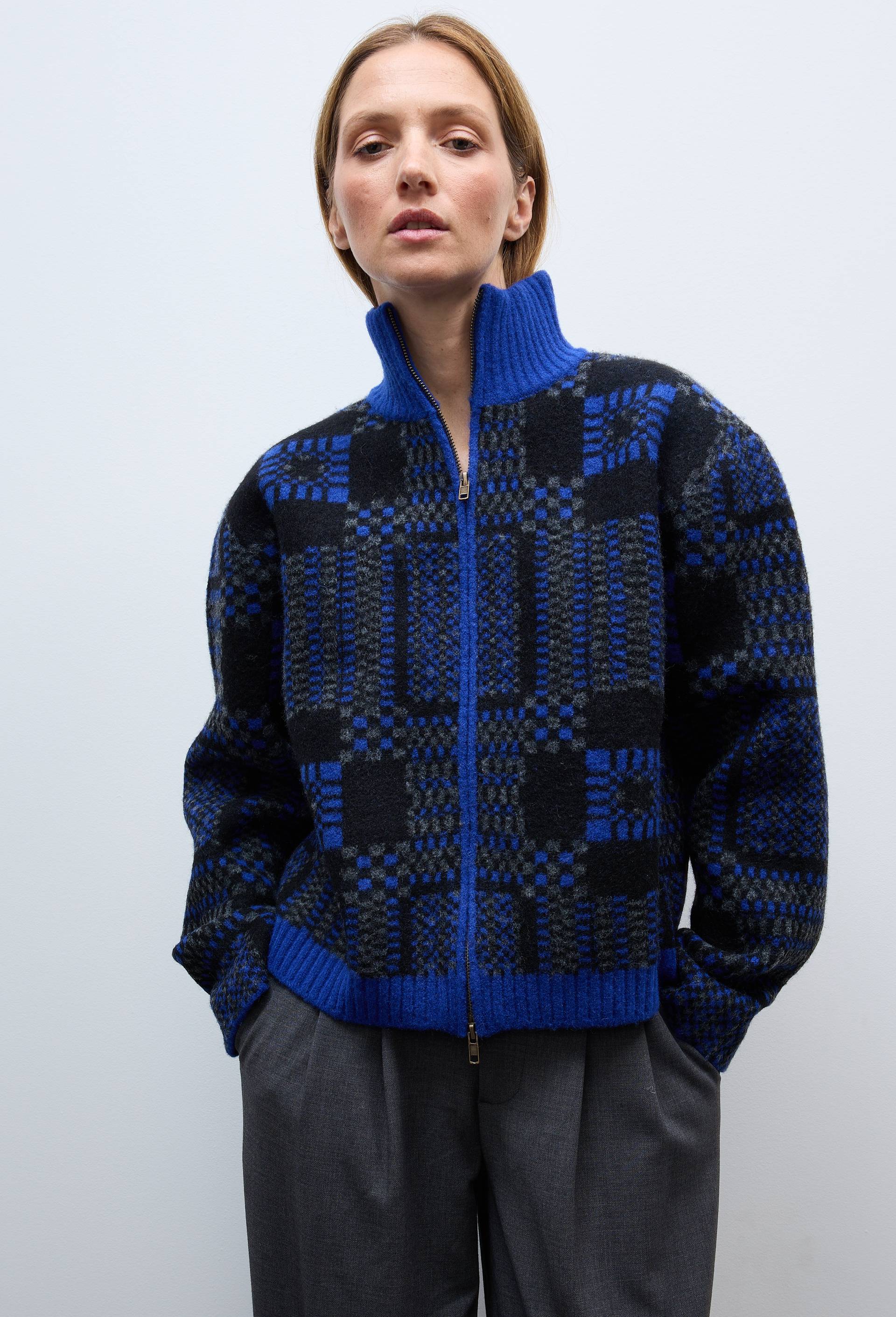 Veste zipp&eacute;e &agrave; motifs contenant de la laine, Bleu, large image number 2
