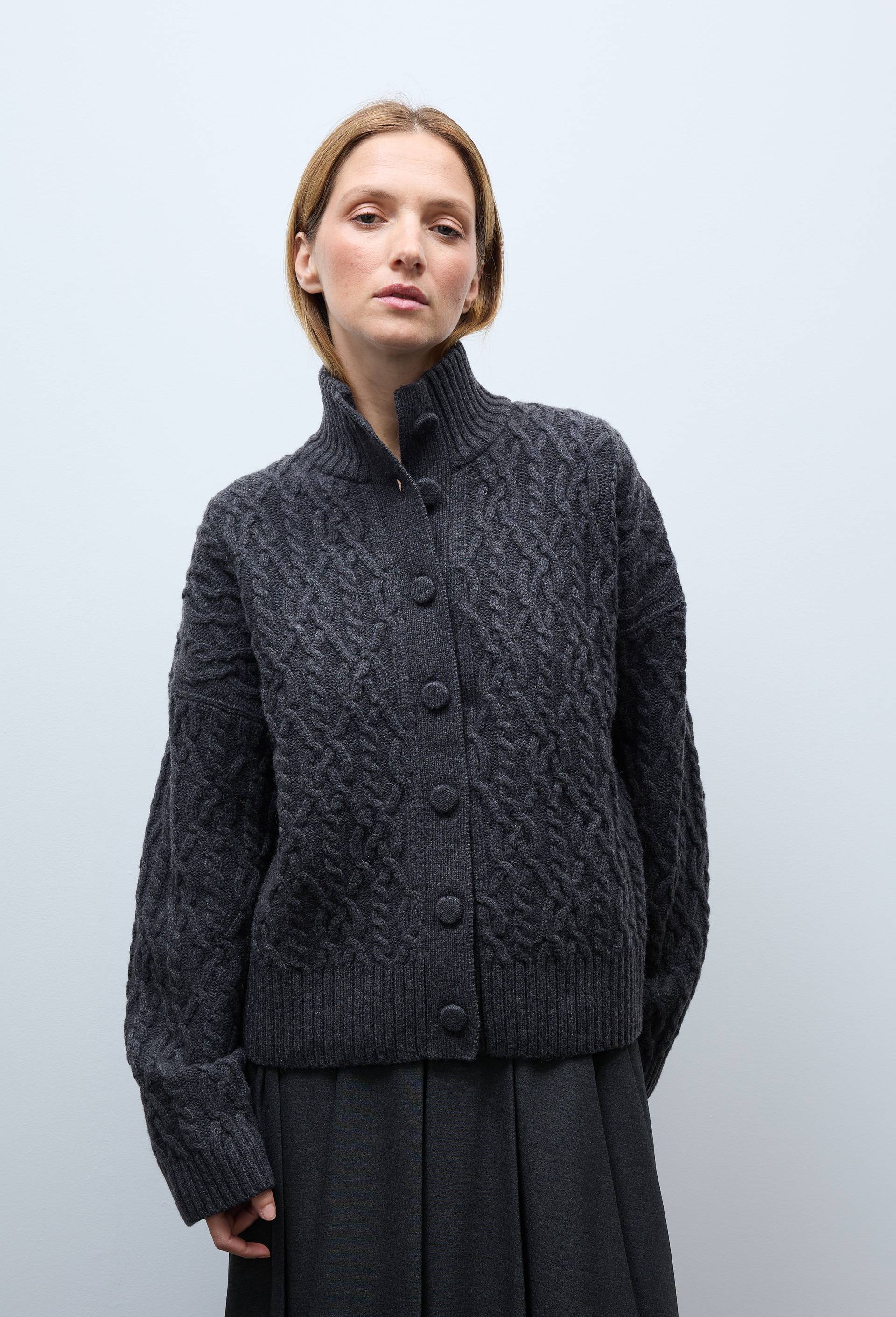 Cardigan col montant torsad&eacute; contenant de la laine, Gris fonc&eacute;, large image number 0