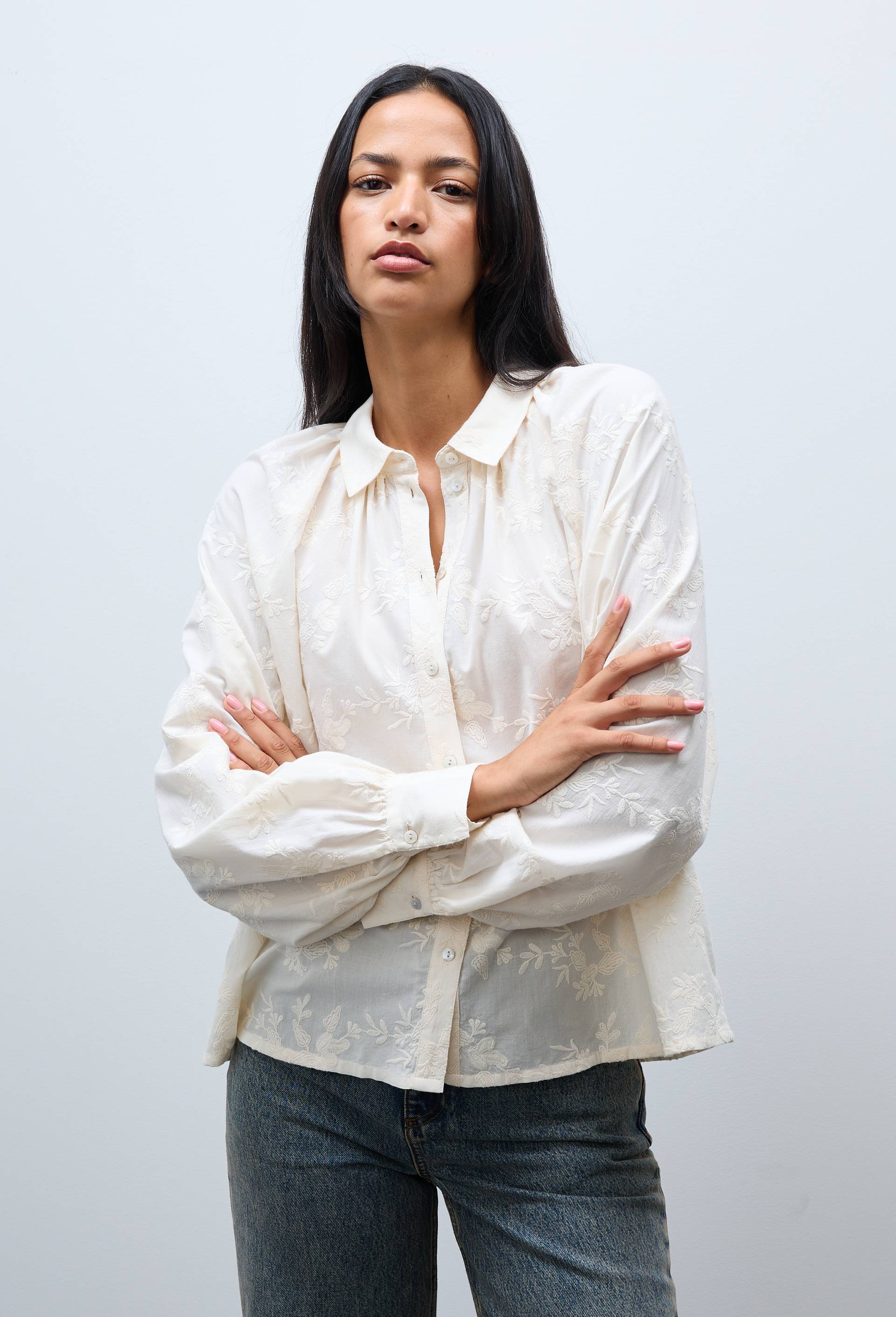 Chemise manches longues brod&eacute;e en coton BIO GOTS, Ecru, large image number 0