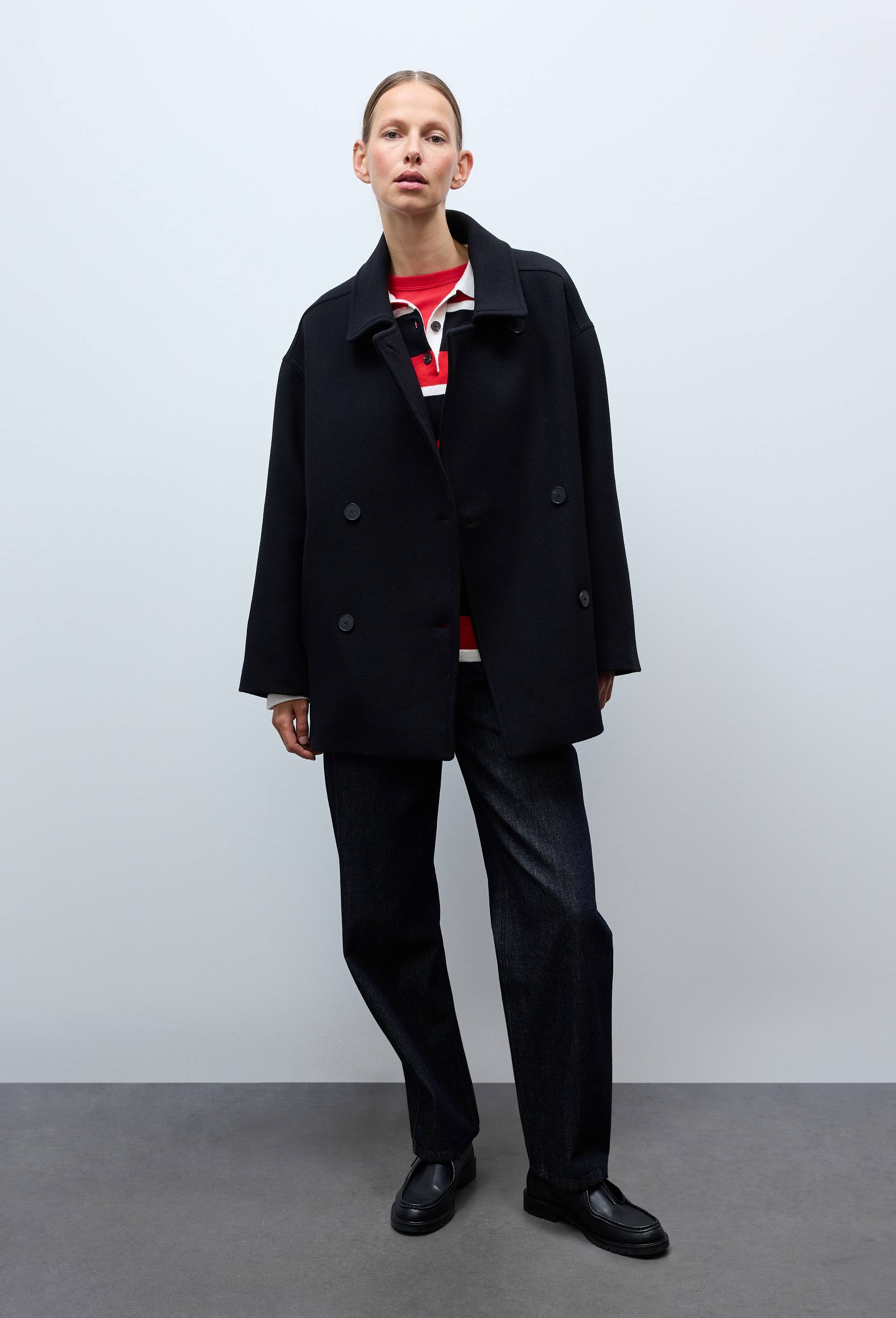 Manteau court double boutonnage contenant de la laine, Noir, large image number 0.0