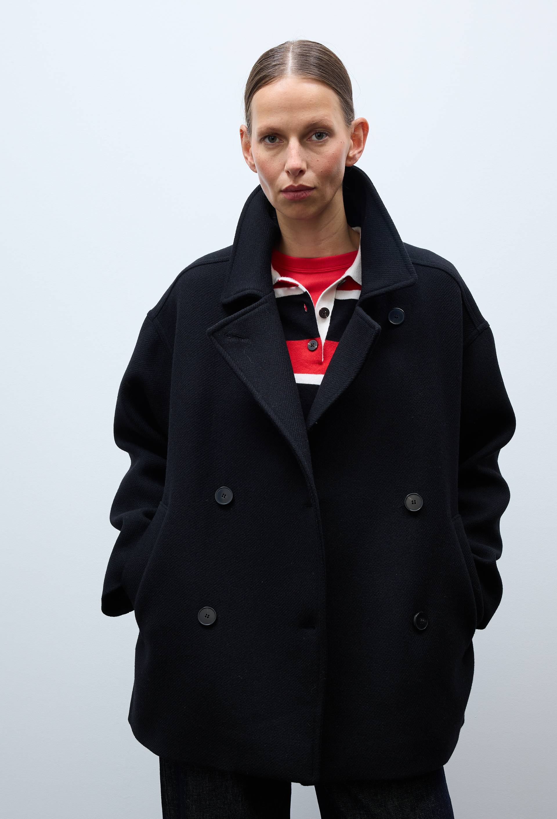 Manteau court double boutonnage contenant de la laine, Noir, large image number 1.0