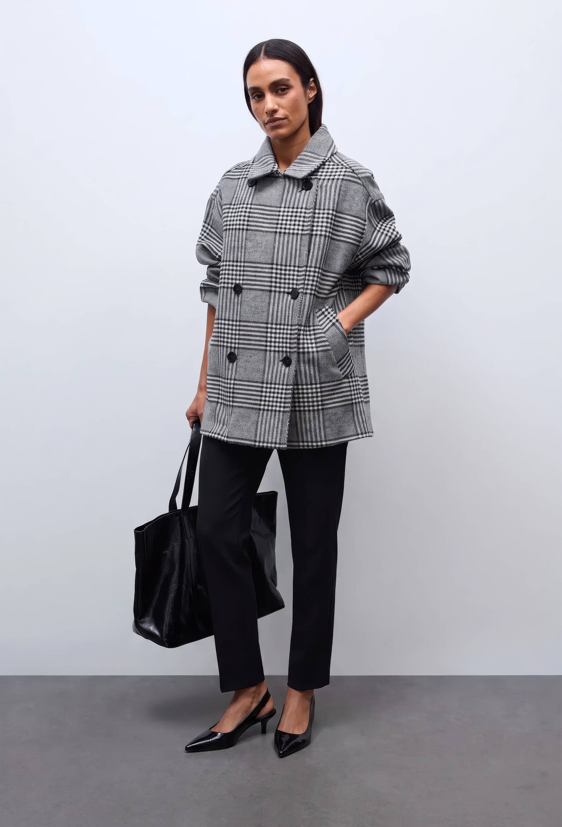 Manteau court &agrave; carreaux double boutonnage contenant de la laine, Gris, large image number 0