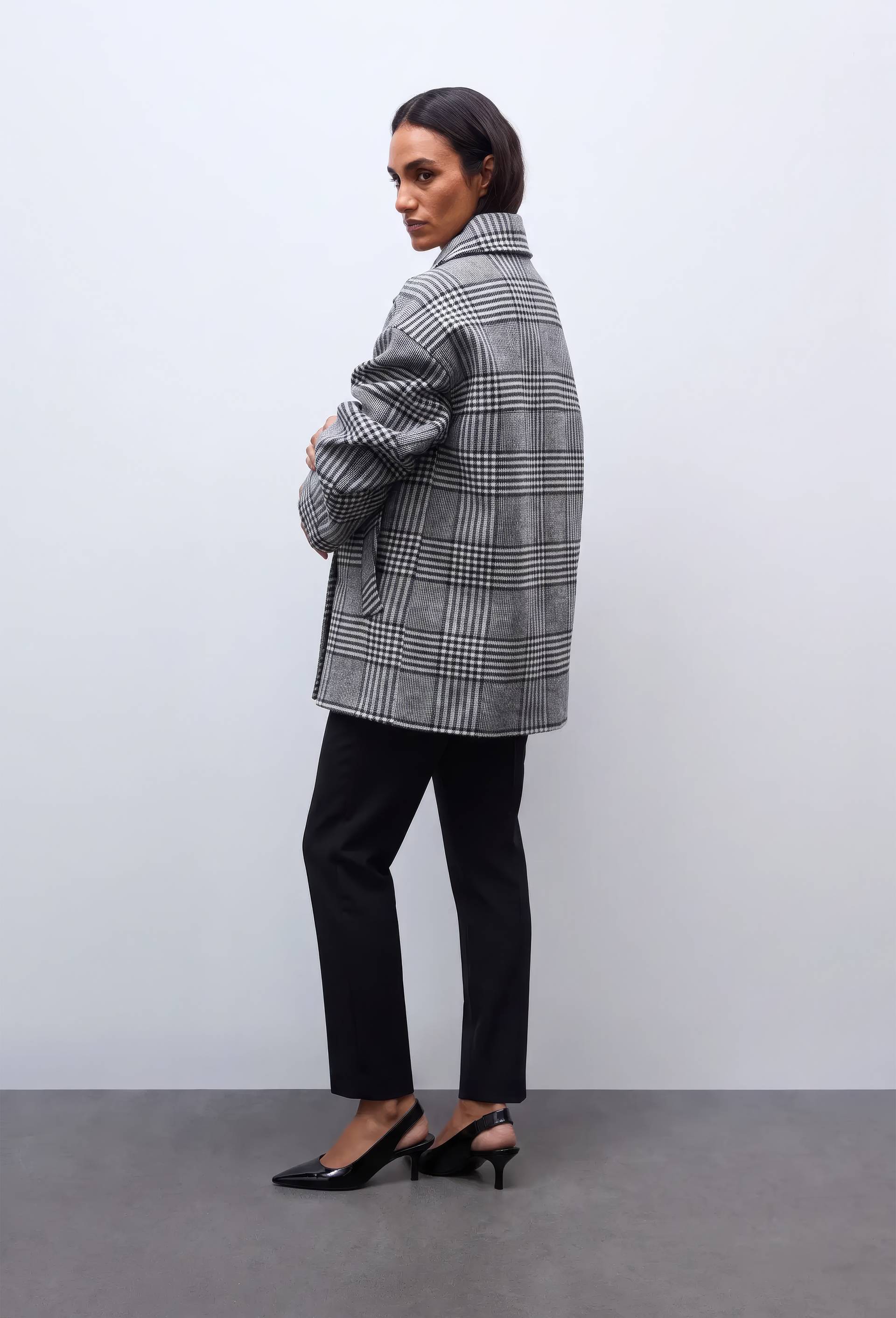 Manteau court &agrave; carreaux double boutonnage contenant de la laine, Gris, large image number 1