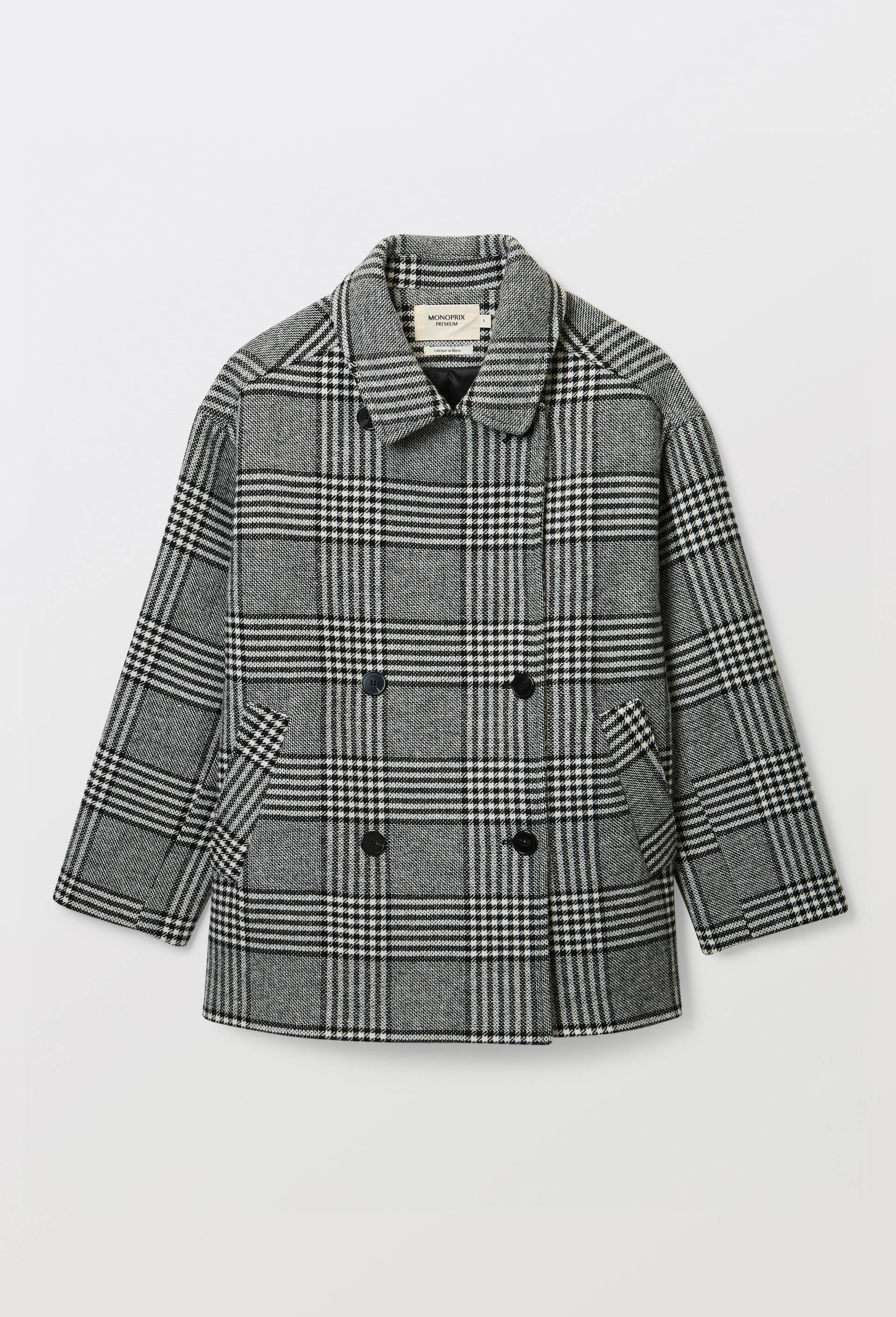 Manteau court &agrave; carreaux double boutonnage contenant de la laine, Gris, large image number 2.0