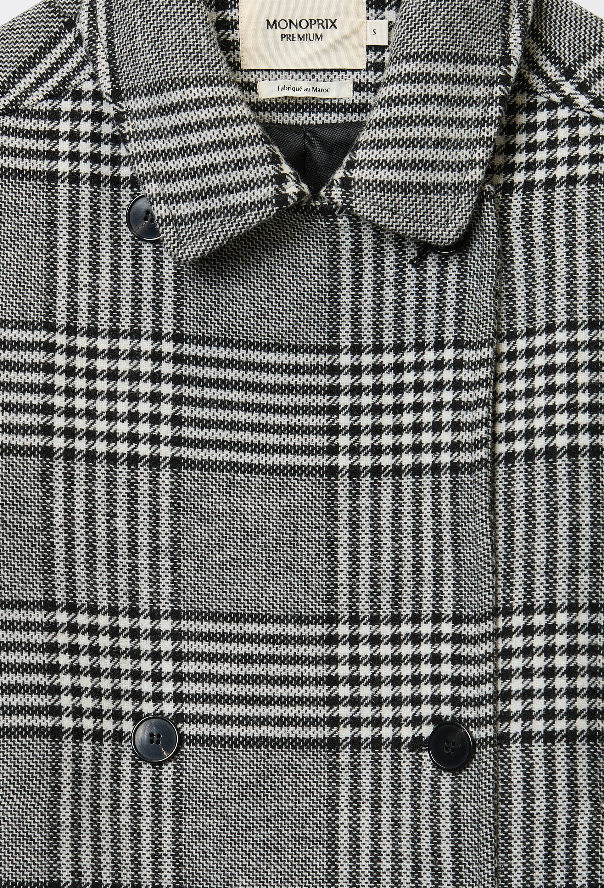 Manteau court &agrave; carreaux double boutonnage contenant de la laine, Gris, large image number 4