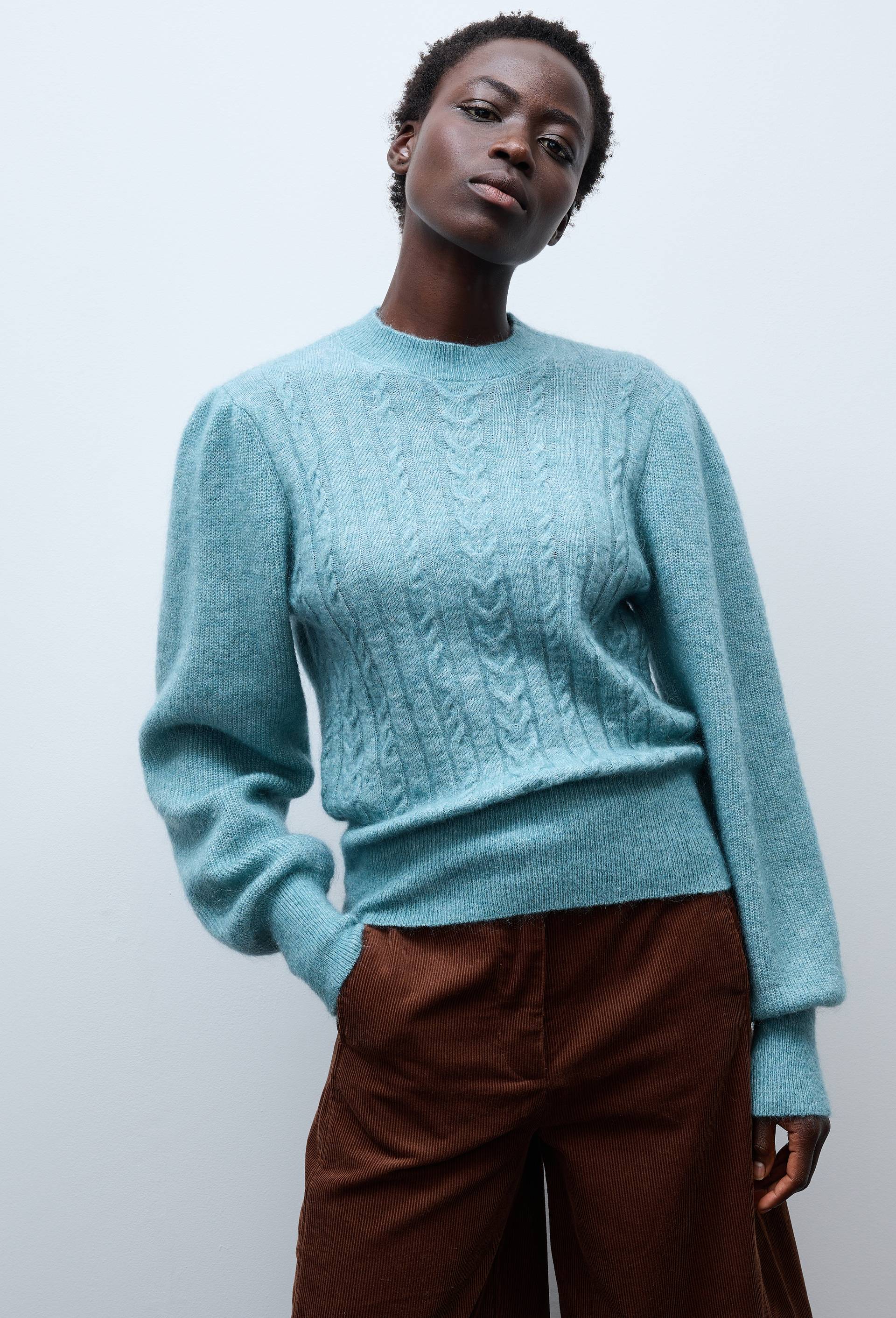 Pull manches longues torsad&eacute; contenant du mohair, Vert, swatch image