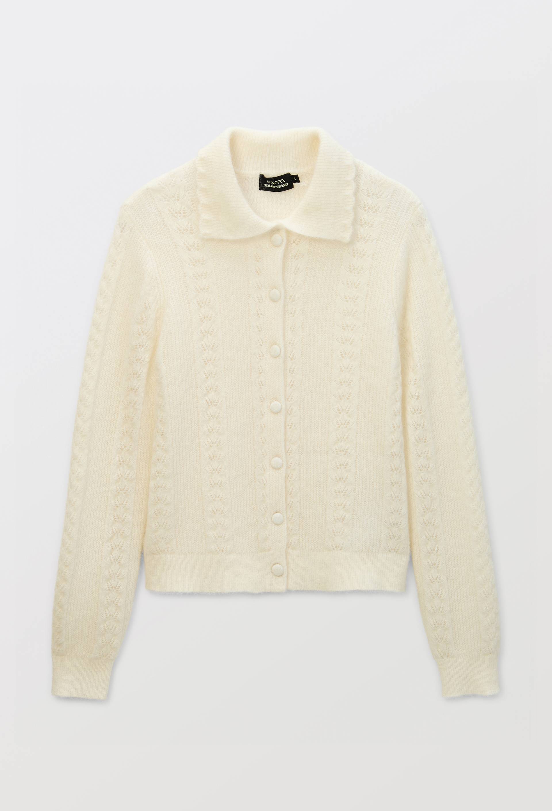 Cardigan col polo torsad&eacute; contenant du mohair, Ecru, large image number 2