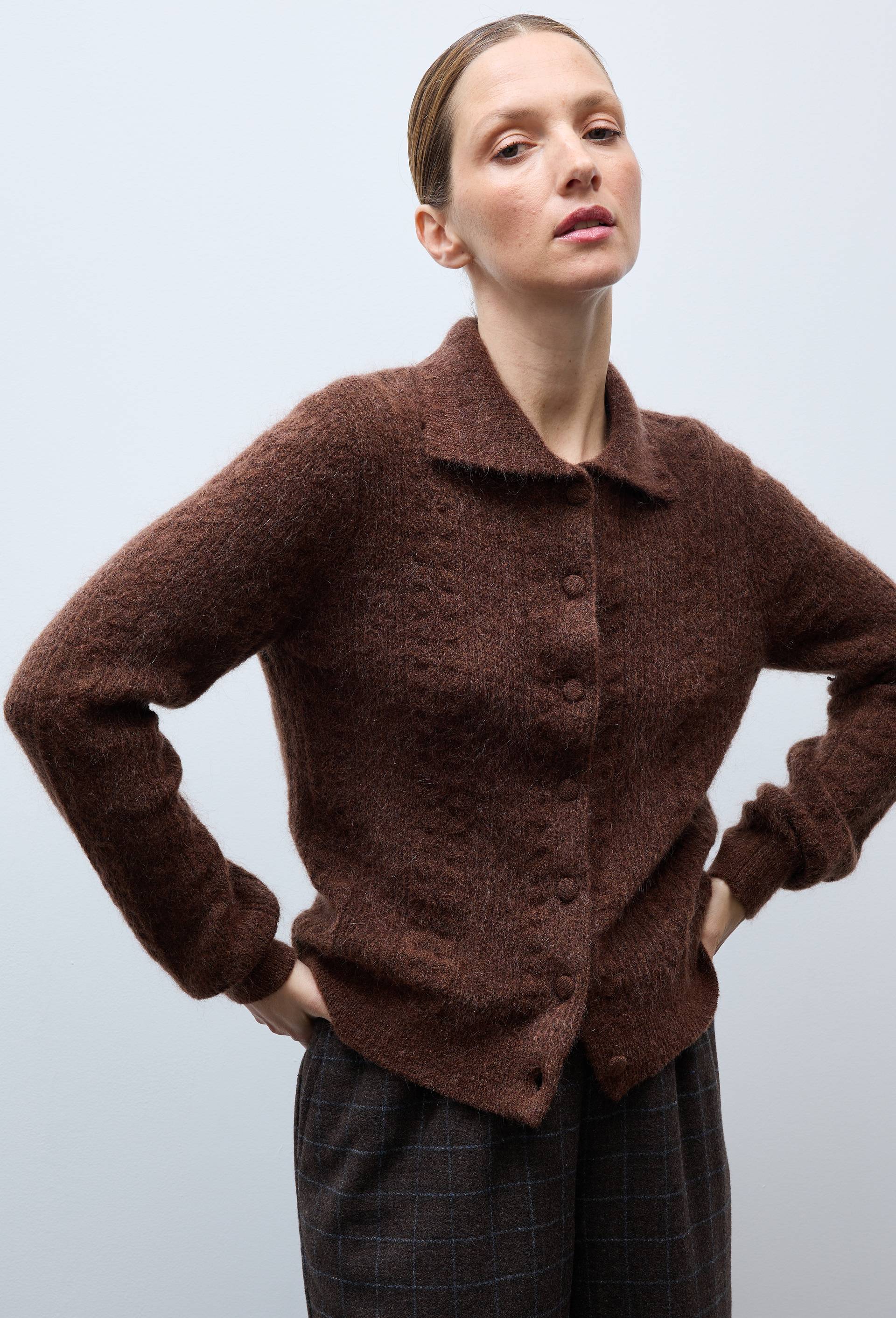 Cardigan col polo torsad&eacute; contenant du mohair, Brun, large image number 0