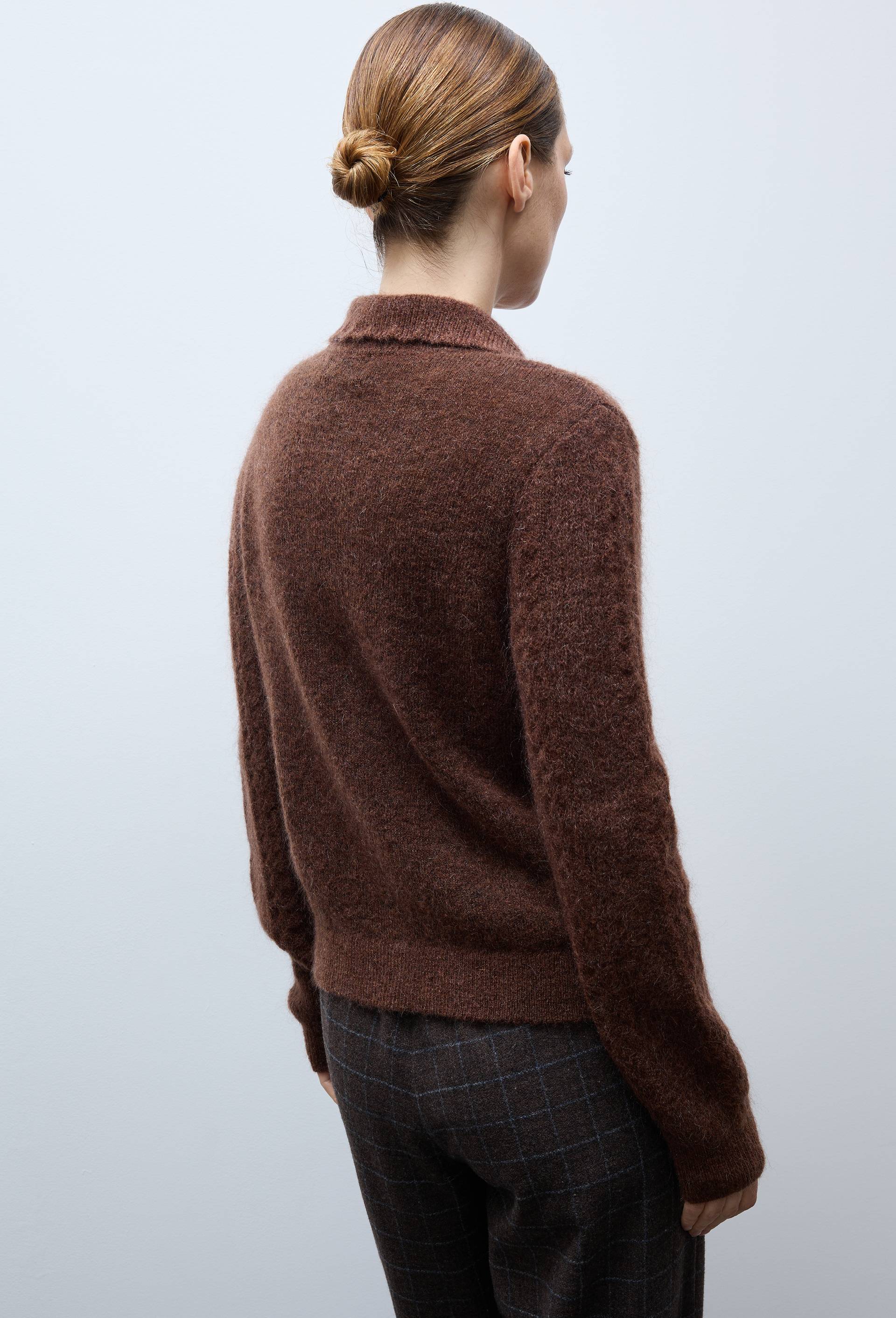 Cardigan col polo torsad&eacute; contenant du mohair, Brun, large image number 1