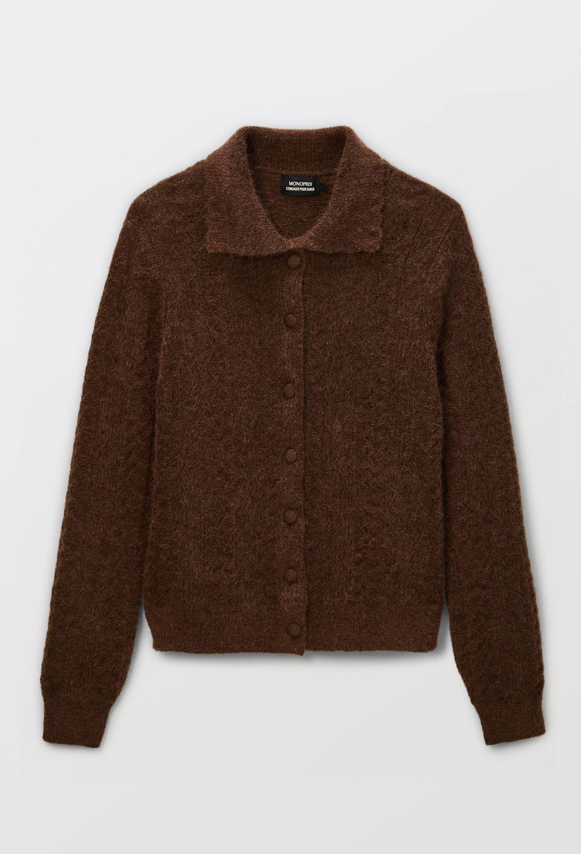 Cardigan col polo torsad&eacute; contenant du mohair, Brun, large image number 2