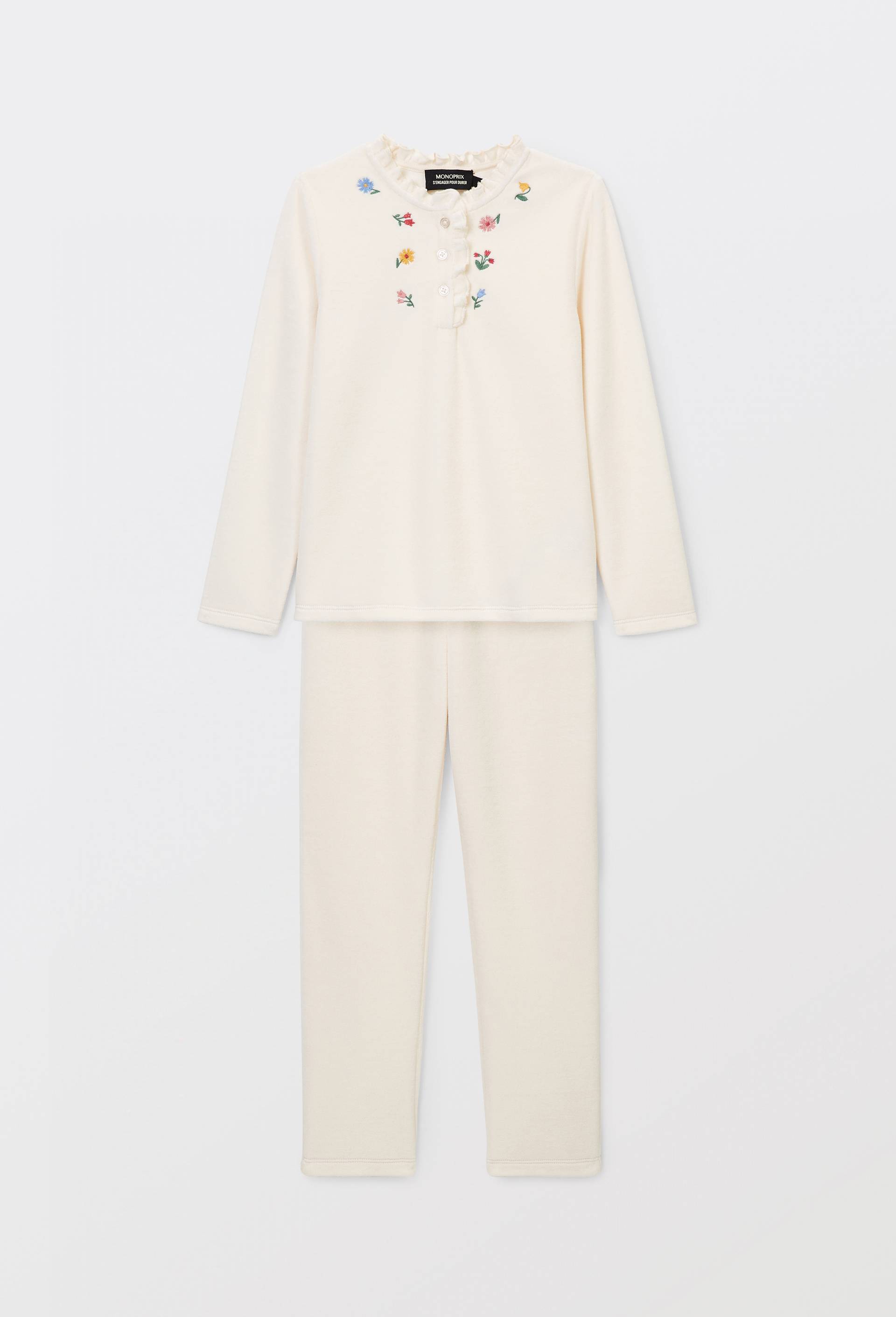 Pyjama velours manches longues brod&eacute;, Beige clair, large image number 1