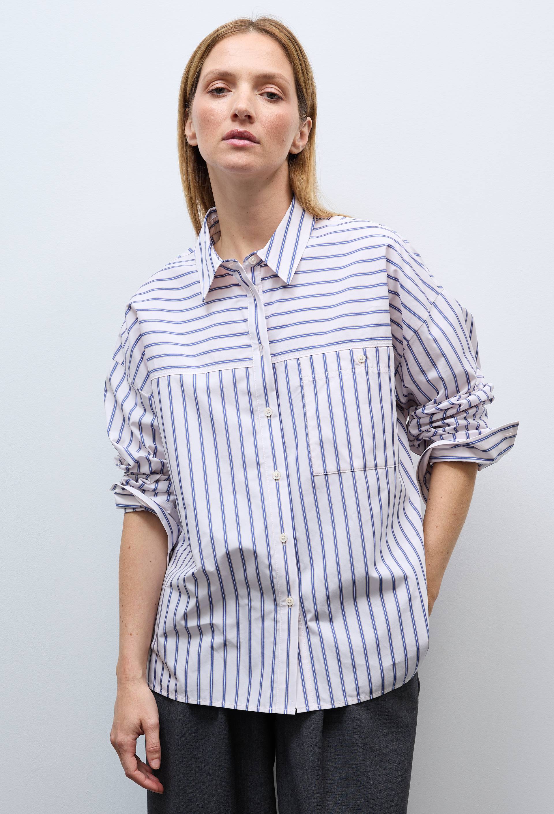 Chemise manches longues ray&eacute;e en coton BIO GOTS, Blanc, large image number 0