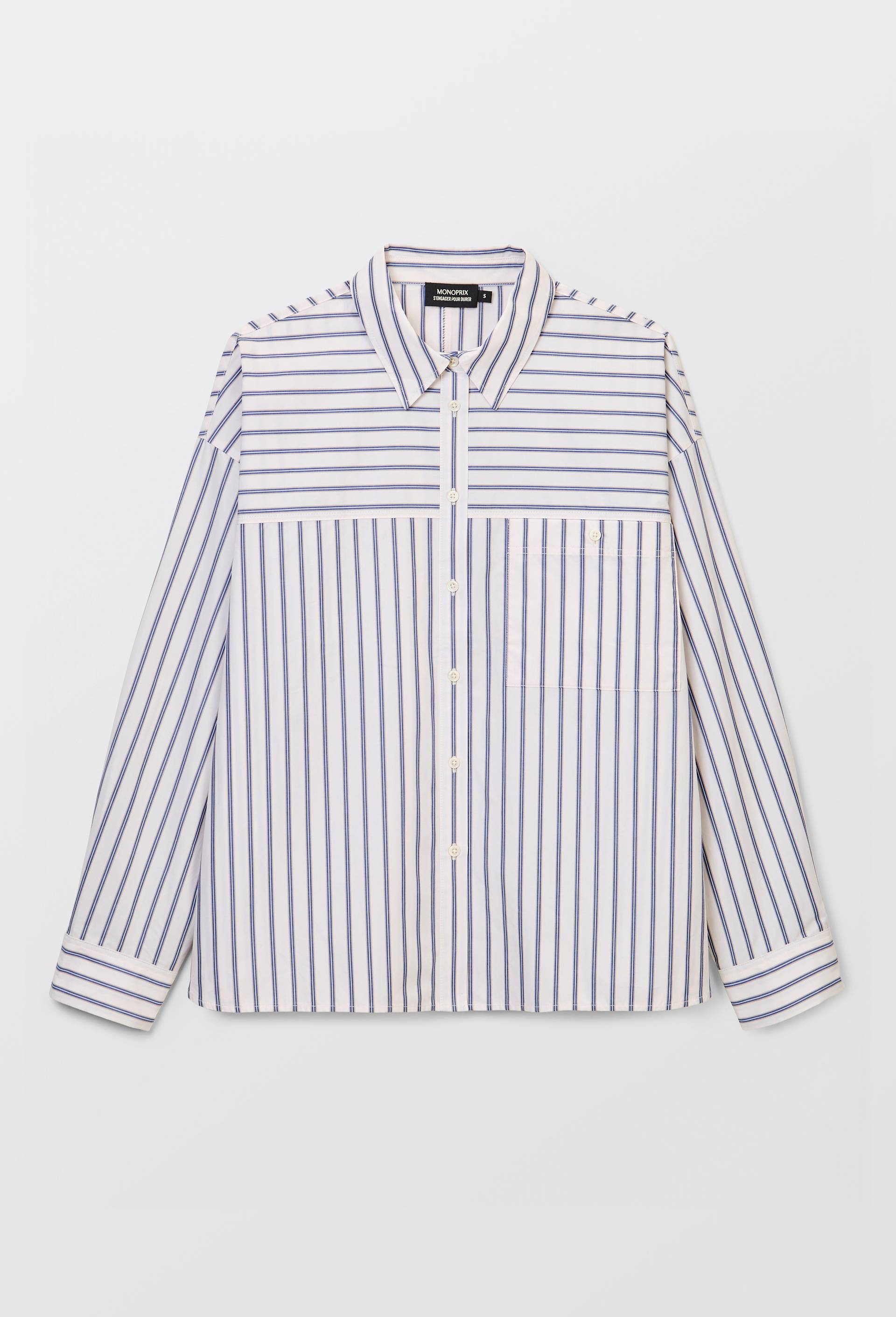 Chemise manches longues ray&eacute;e en coton BIO GOTS, Blanc, large image number 2.0