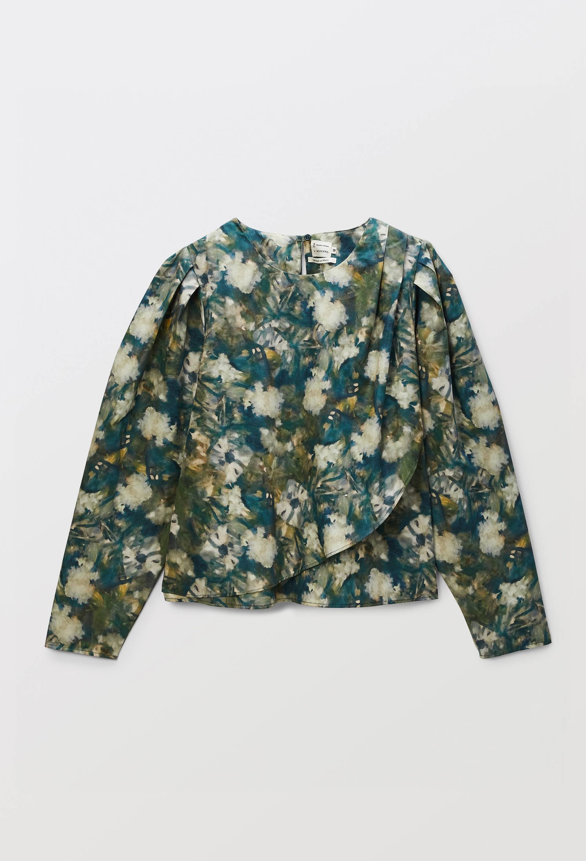 Blouse avec manches bouffantes &agrave; motif floral en coton - MUS&Eacute;E D'ORSAY x MONOPRIX, Vert, large image number 4