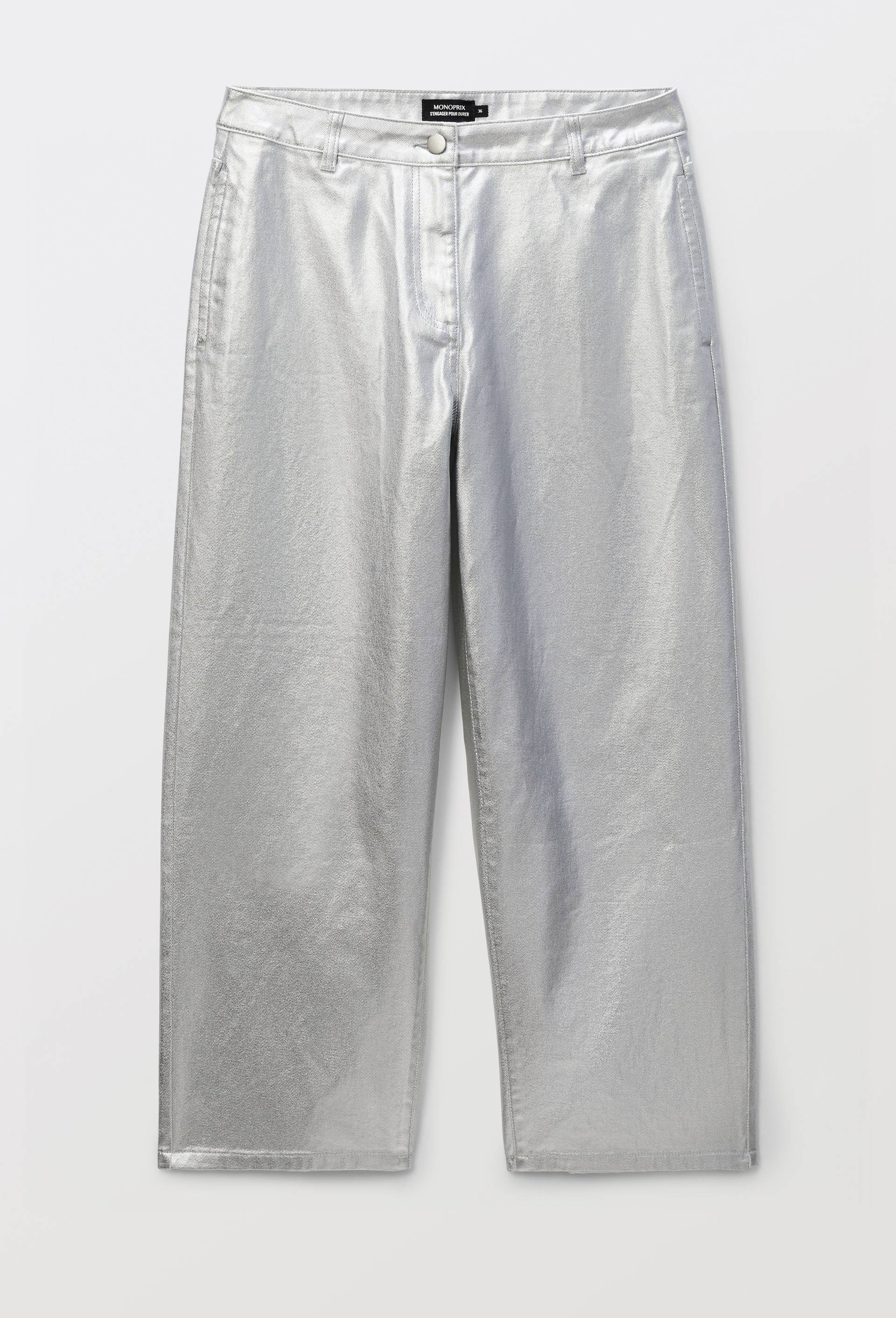 Jean large enduit argent&eacute; en coton, Argent, large image number 2