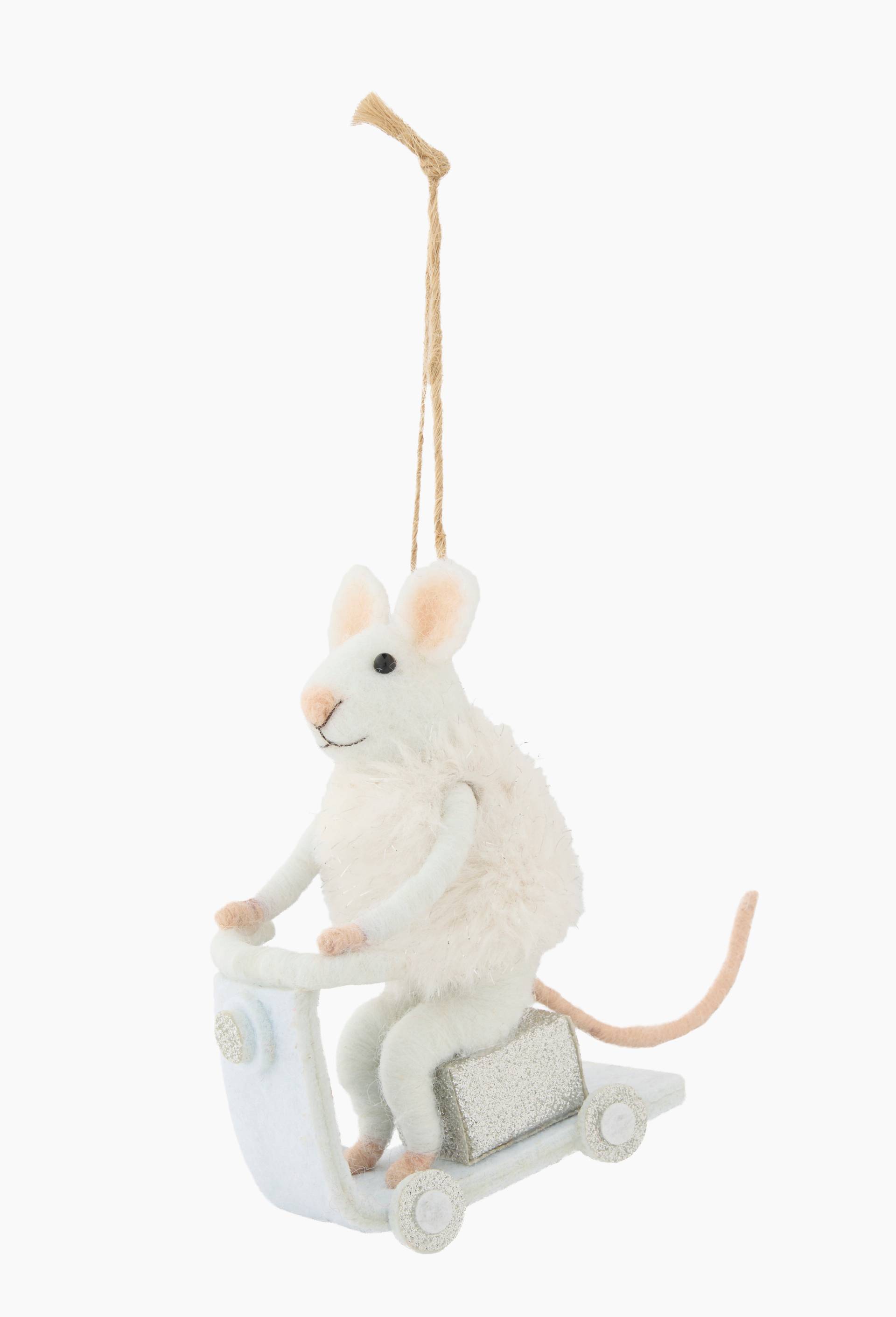 Ornement souris blanche sur scooter, 8x4x12cm, en laine, Blanc, large image number 1