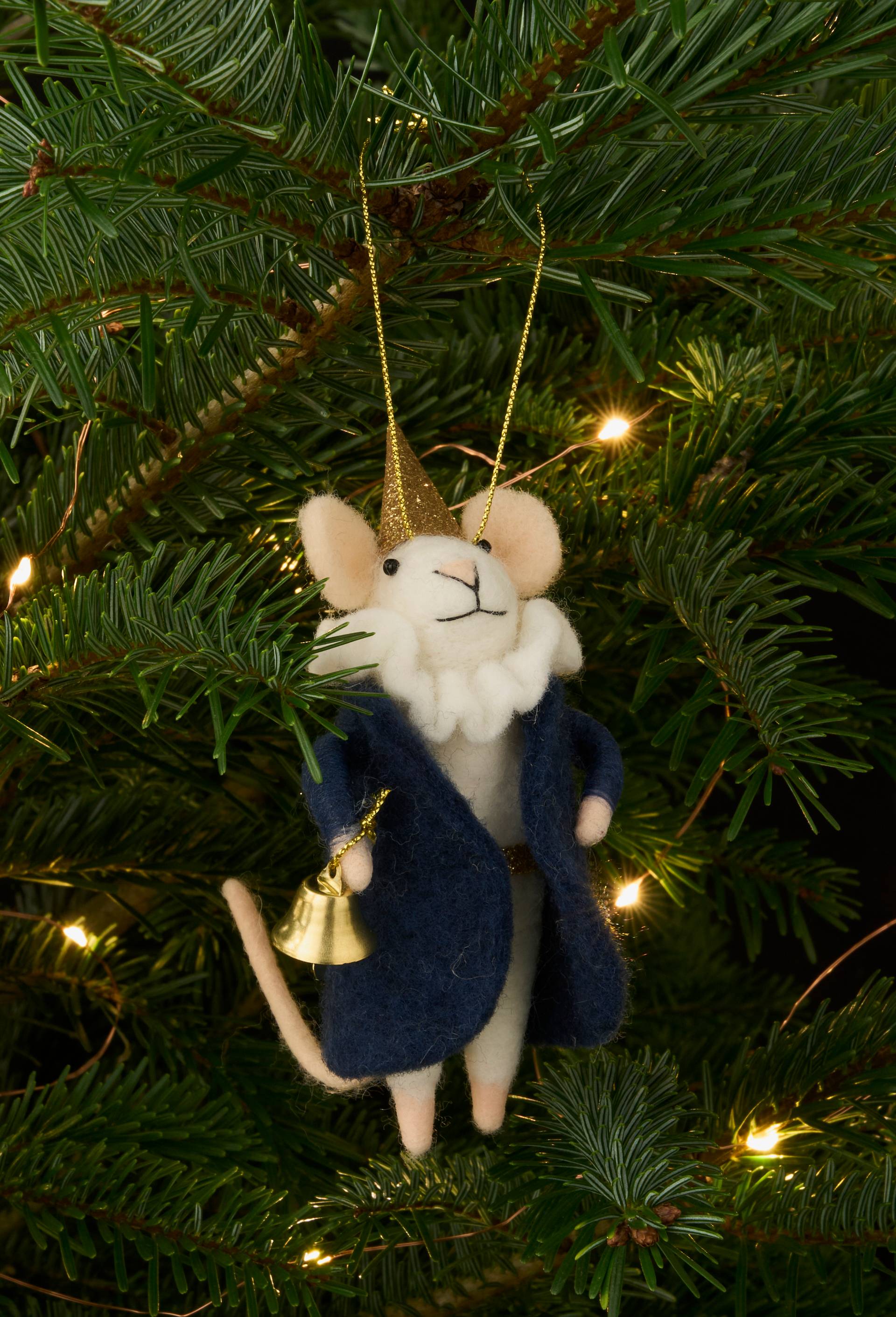 Ornement souris magicien avec cloche et manteau bleu, 8x8x14cm, en laine, Bleu, large image number 0