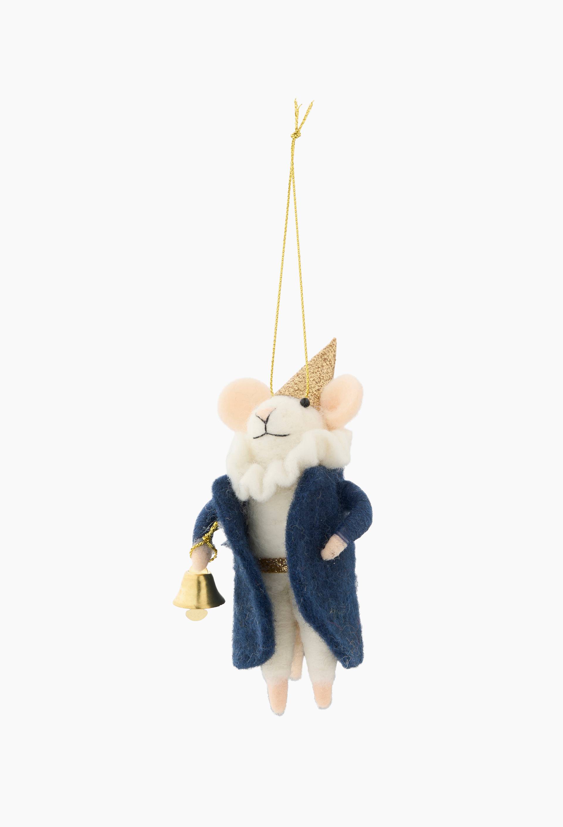 Ornement souris magicien avec cloche et manteau bleu, 8x8x14cm, en laine, Bleu, large image number 1