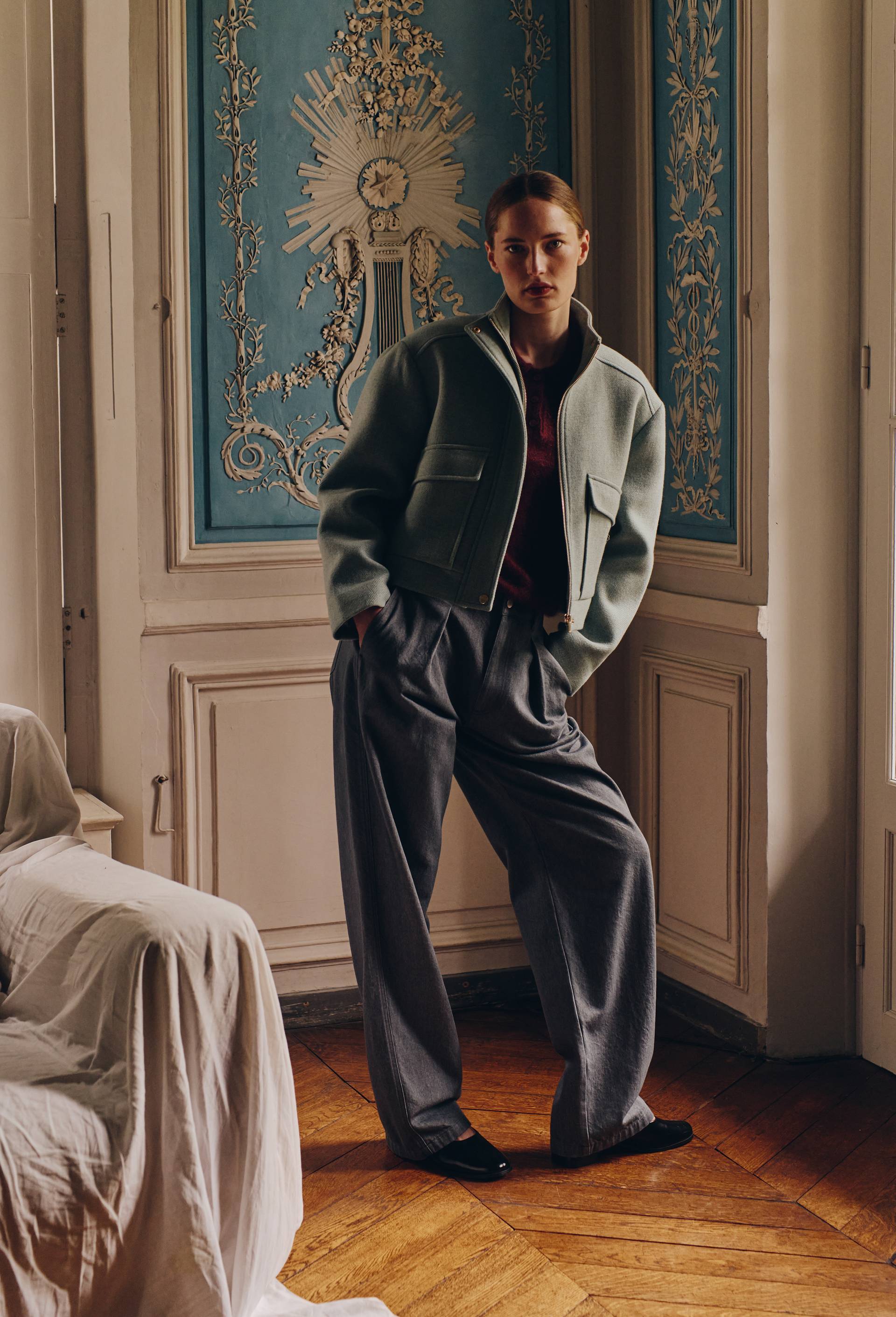 Blouson uni boutonn&eacute; contenant de la laine, Vert, large image number 0.0