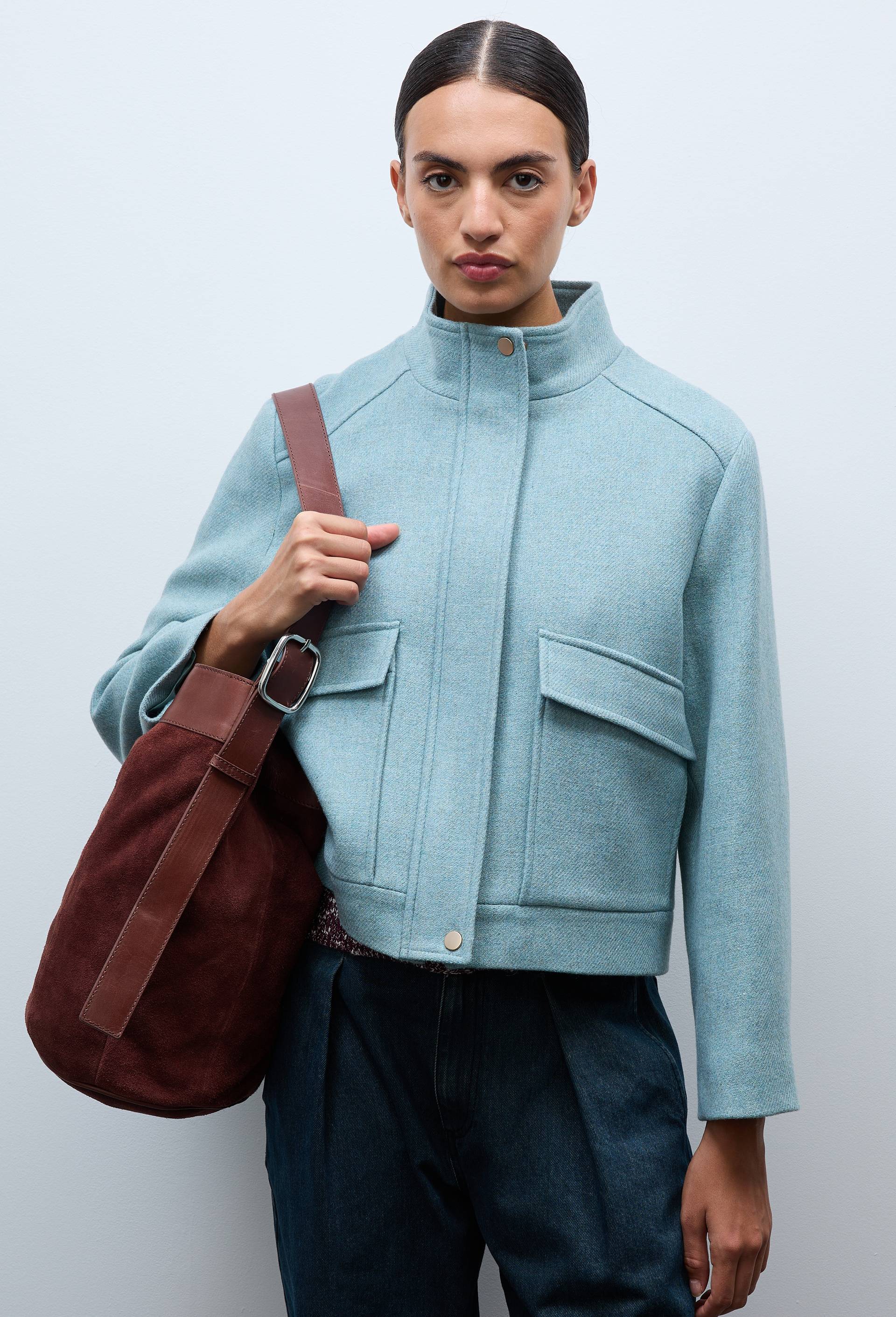Blouson uni boutonn&eacute; contenant de la laine, Vert, large image number 1.0
