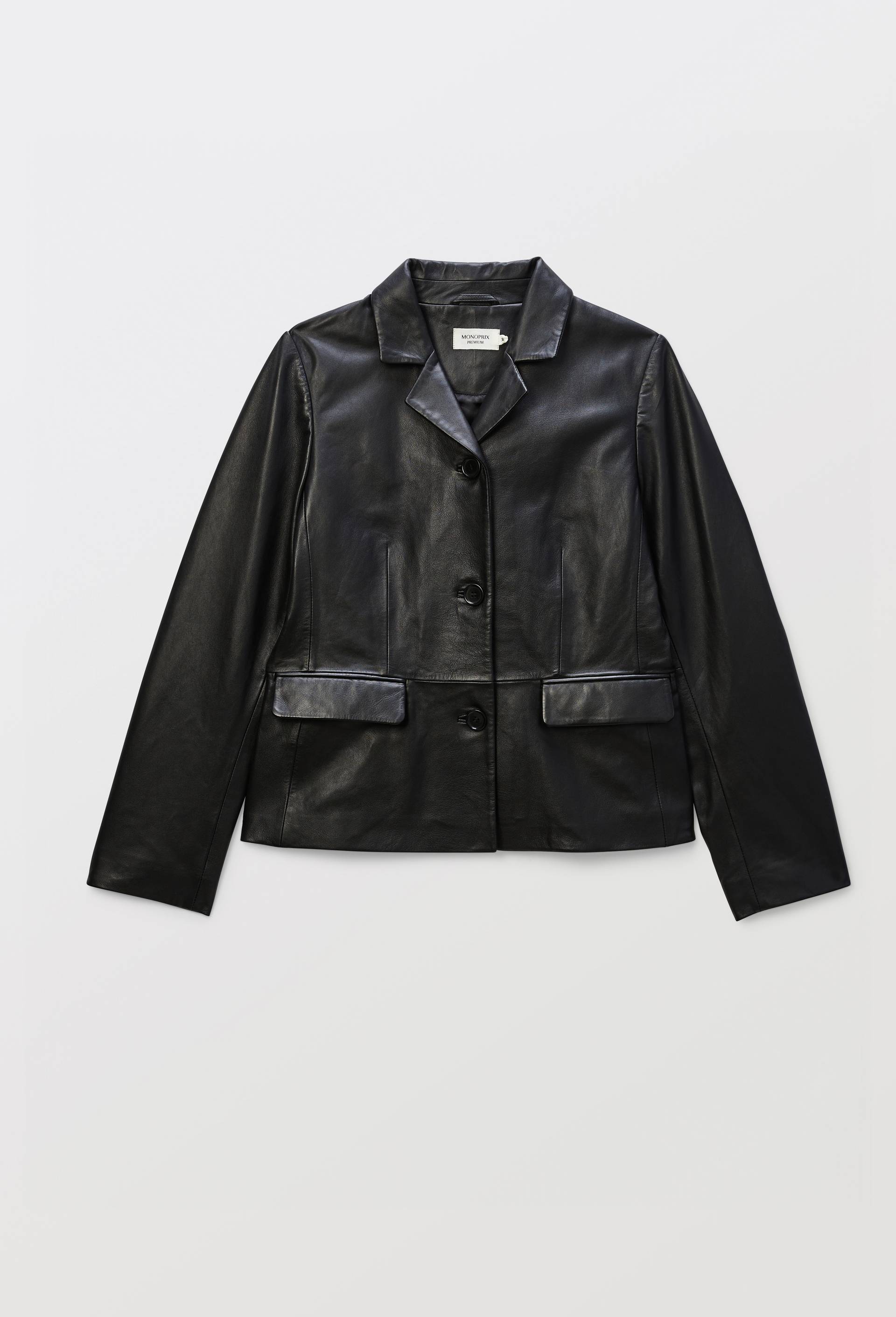 Veste cintr&eacute;e en cuir, Noir, large image number 2.0