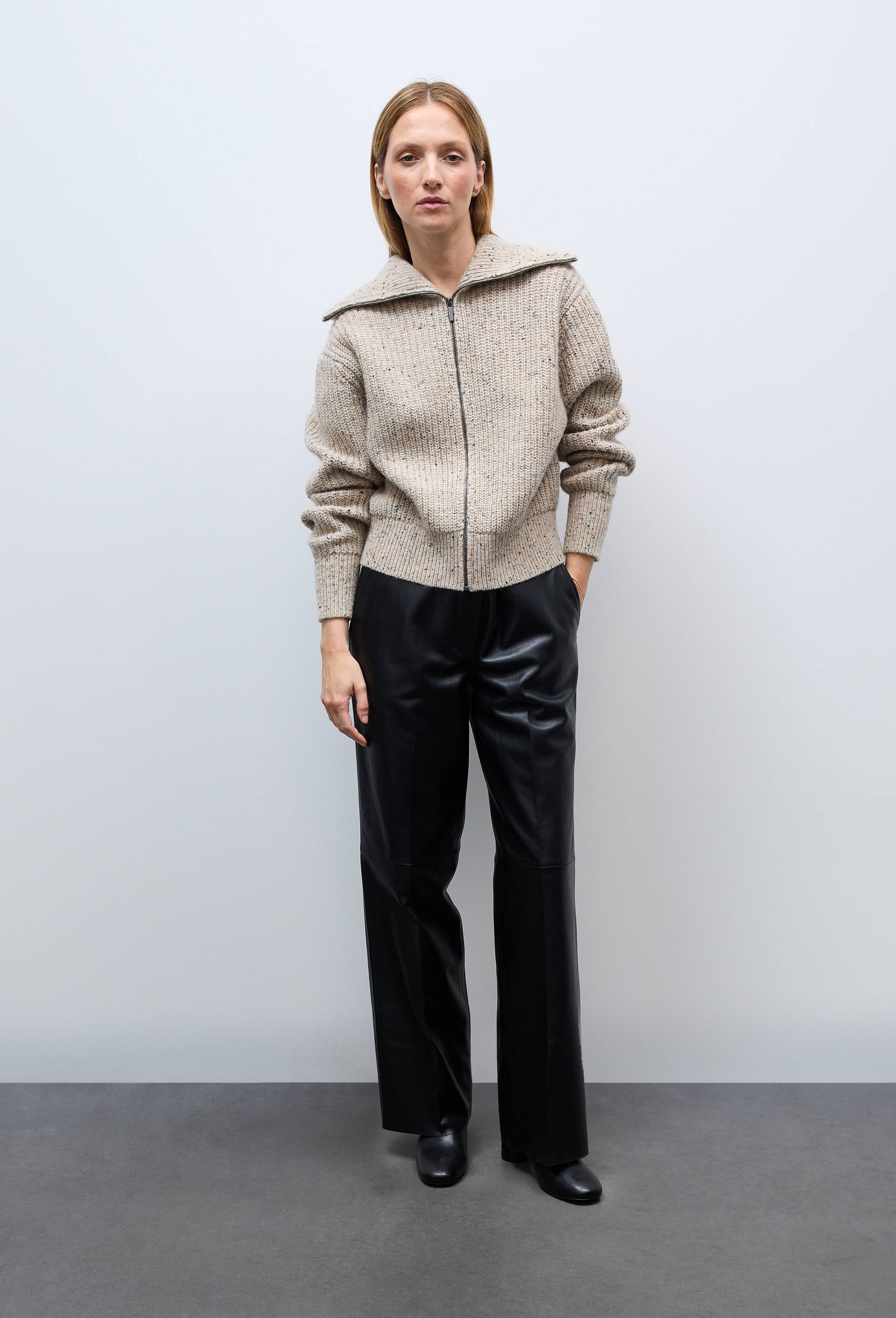 Pantalon large taille haute en cuir, Noir, large image number 0