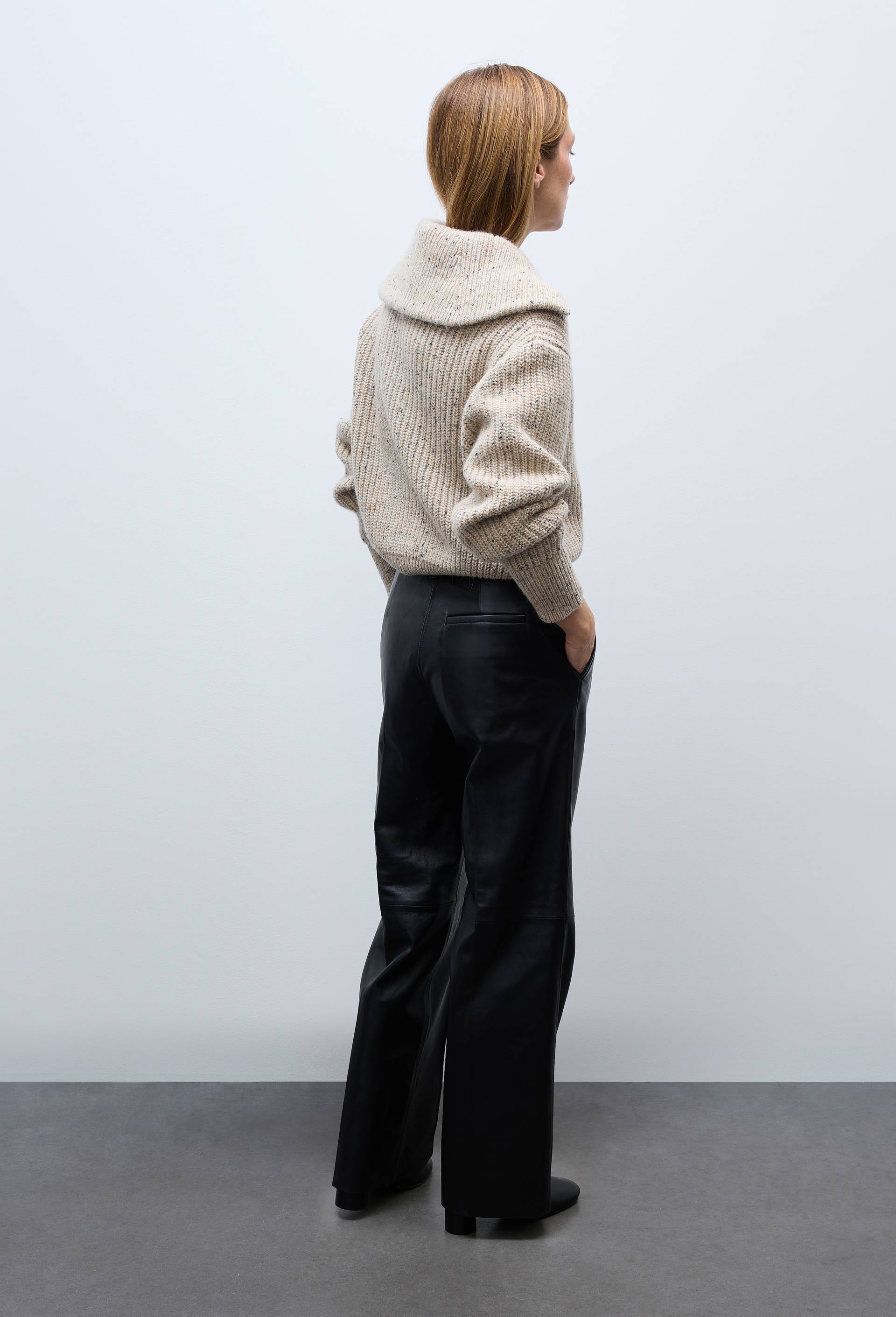 Pantalon large taille haute en cuir, Noir, large image number 1.0