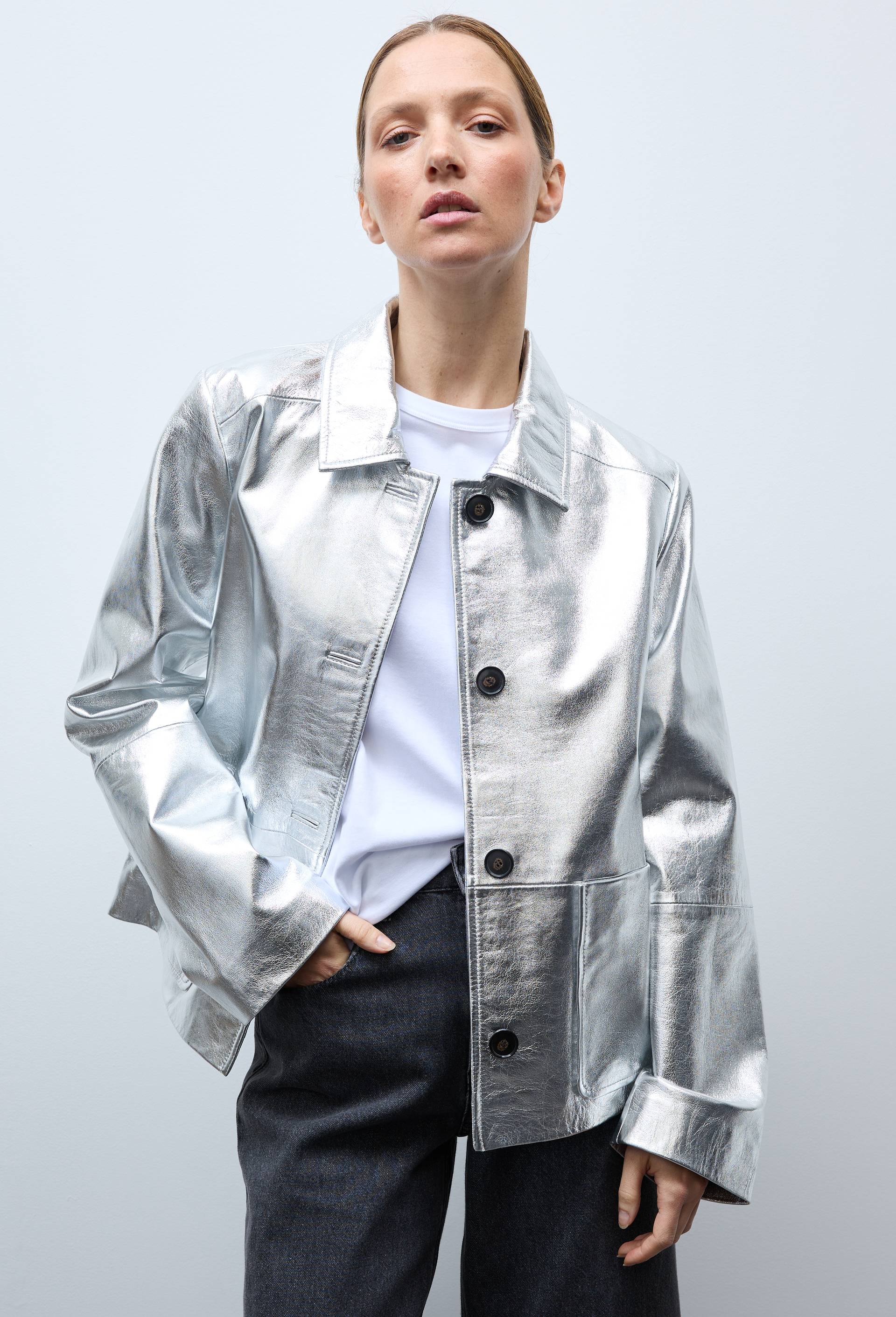 Veste argent&eacute; en cuir, Argent, large image number 1
