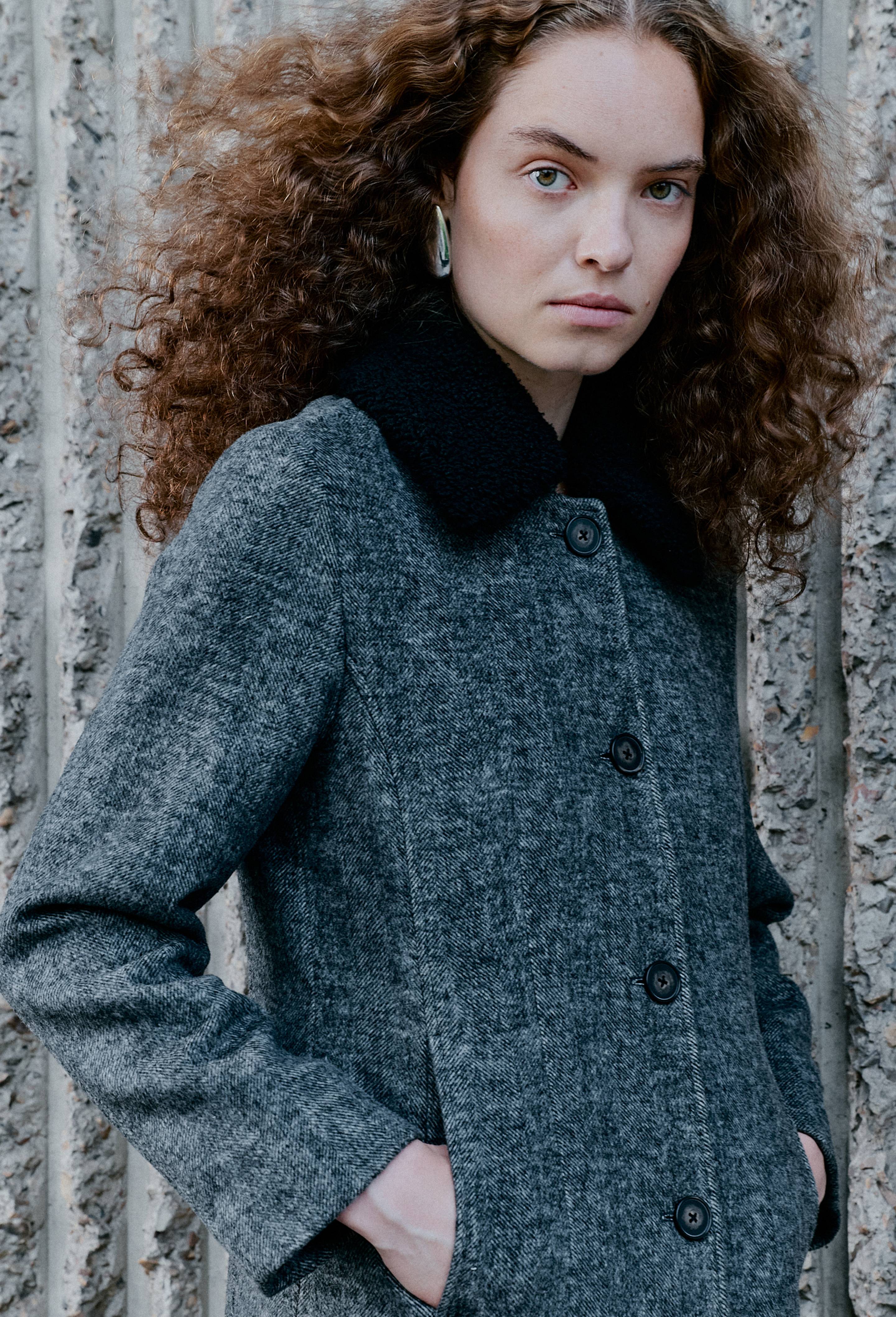 Manteau long contenant de la laine avec col amovible, Gris fonc&eacute;, large image number 1.0