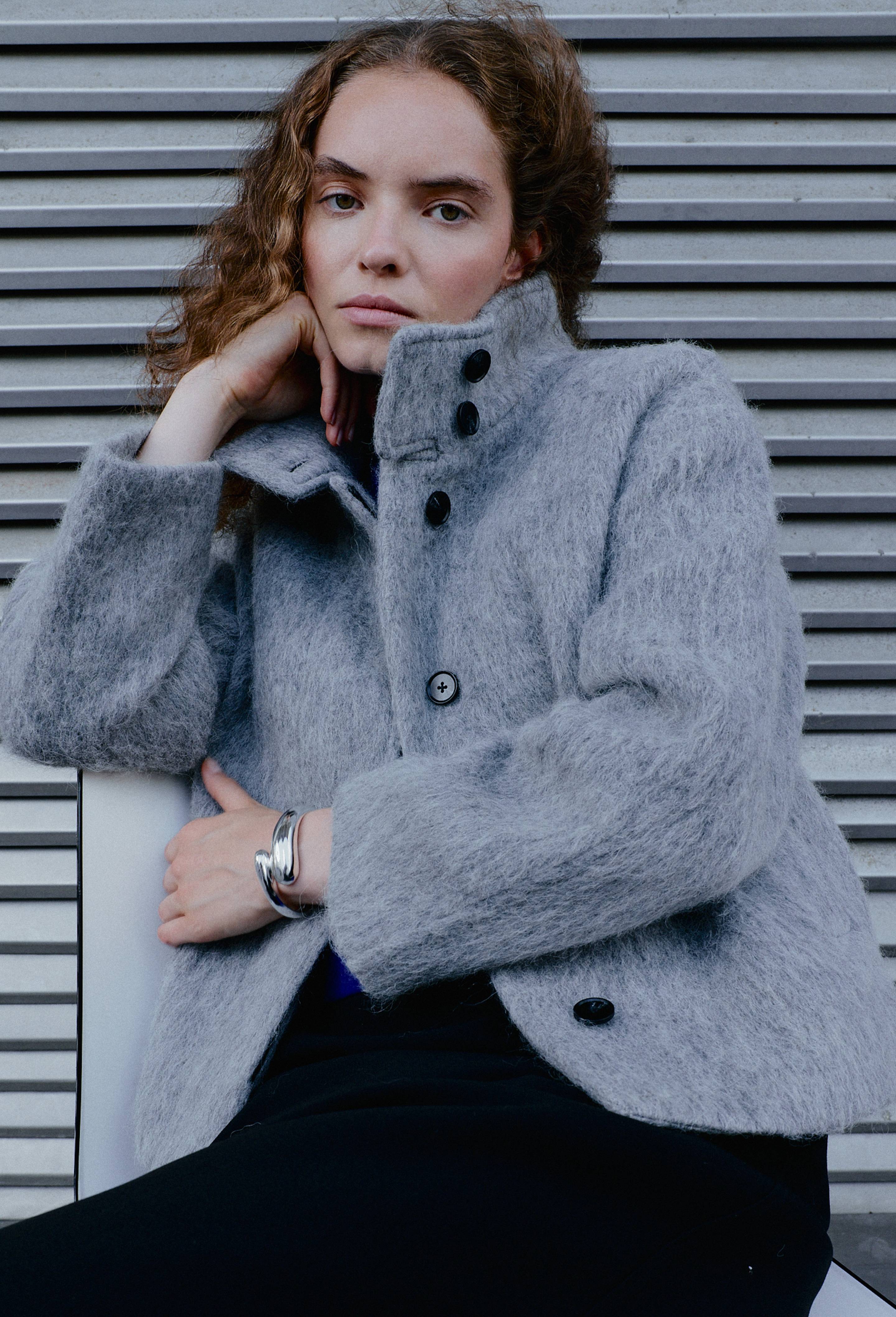 Manteau court col &agrave; montant contenant de la laine, Gris, large image number 0.0