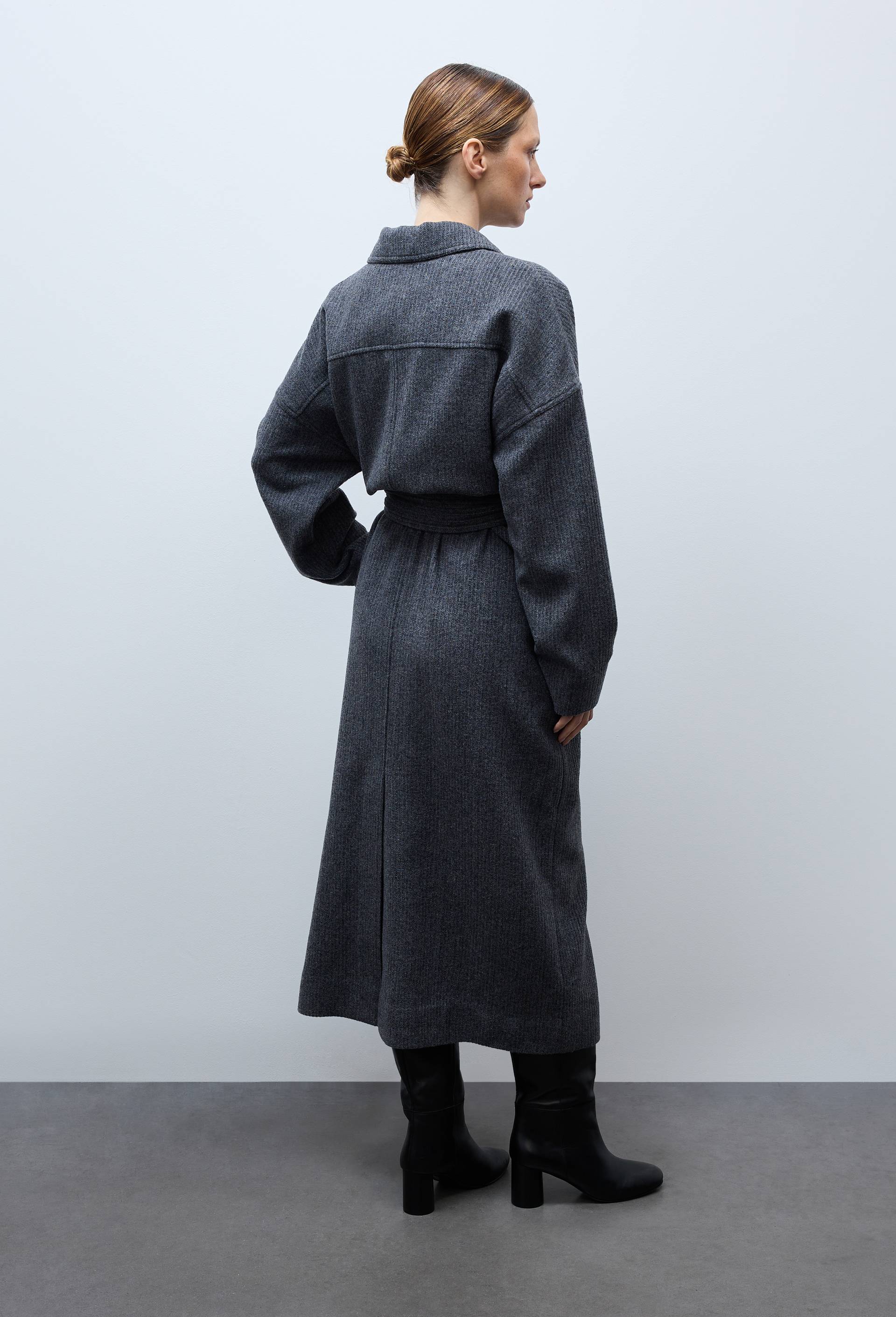Robe longues avec ceinture unie contenant de la laine, Gris fonc&eacute;, large image number 1.0