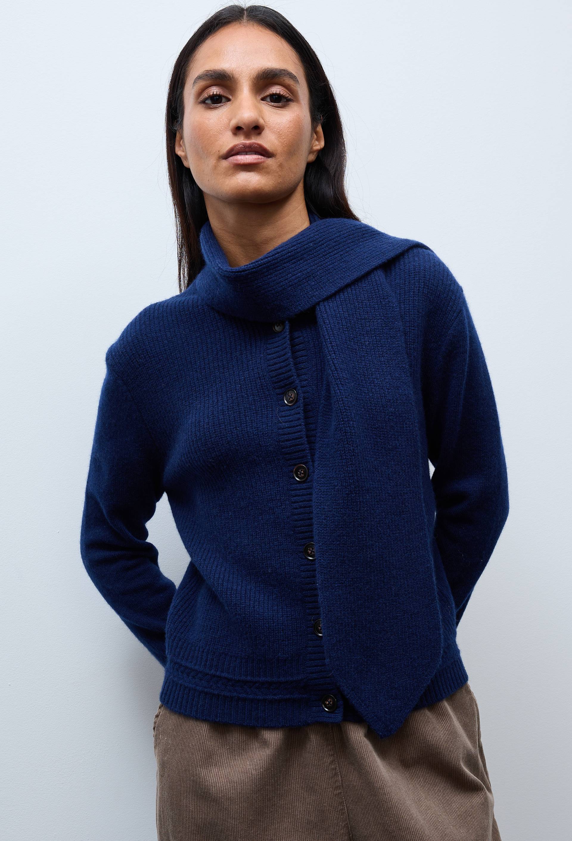 Cardigan &agrave; noeud manches longues en laine, Bleu fonc&eacute;, swatch image