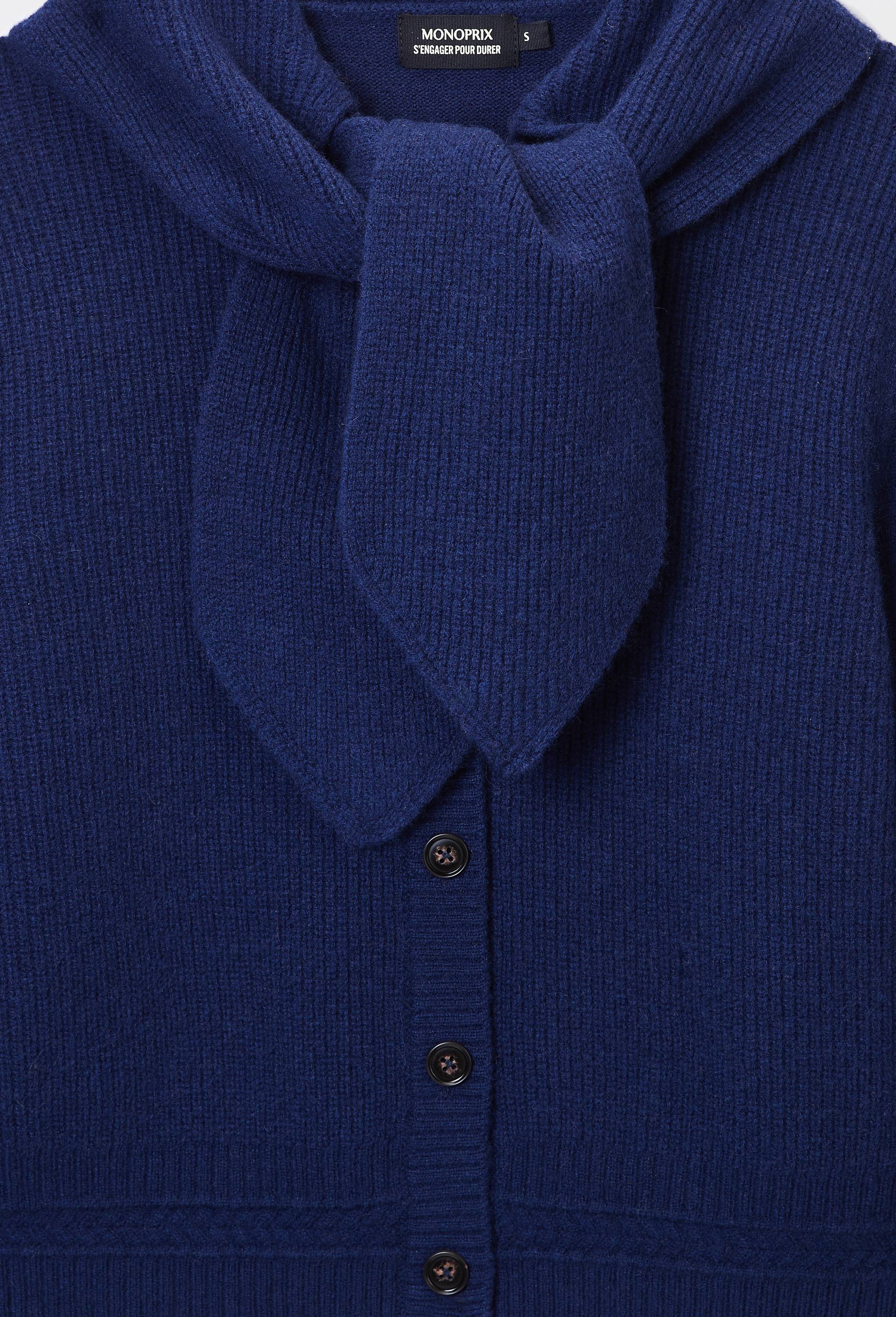 Cardigan &agrave; noeud manches longues en laine, Bleu fonc&eacute;, large image number 4