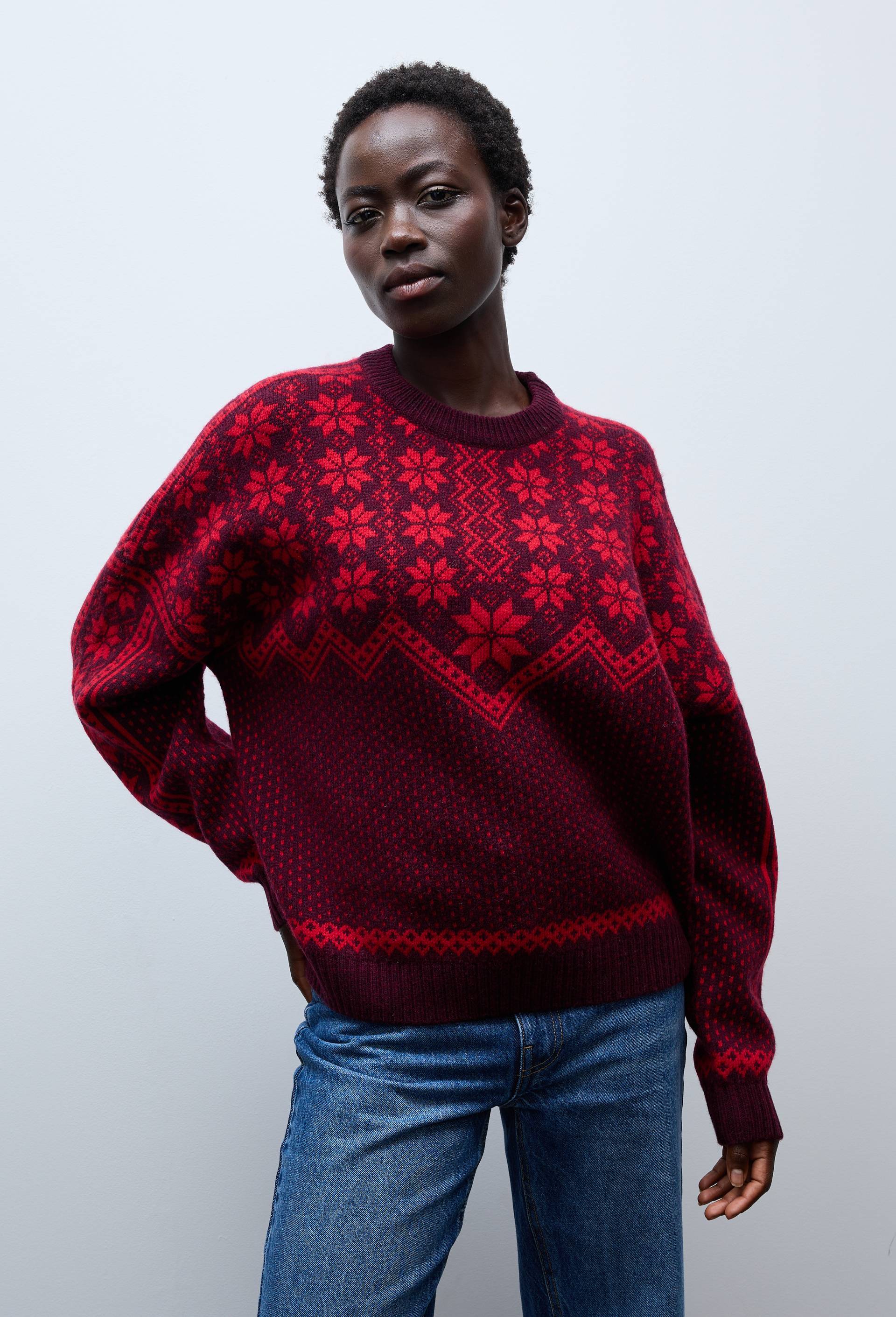 Pull manches longues en jacquard  en laine, Rouge fonc&eacute;, swatch image