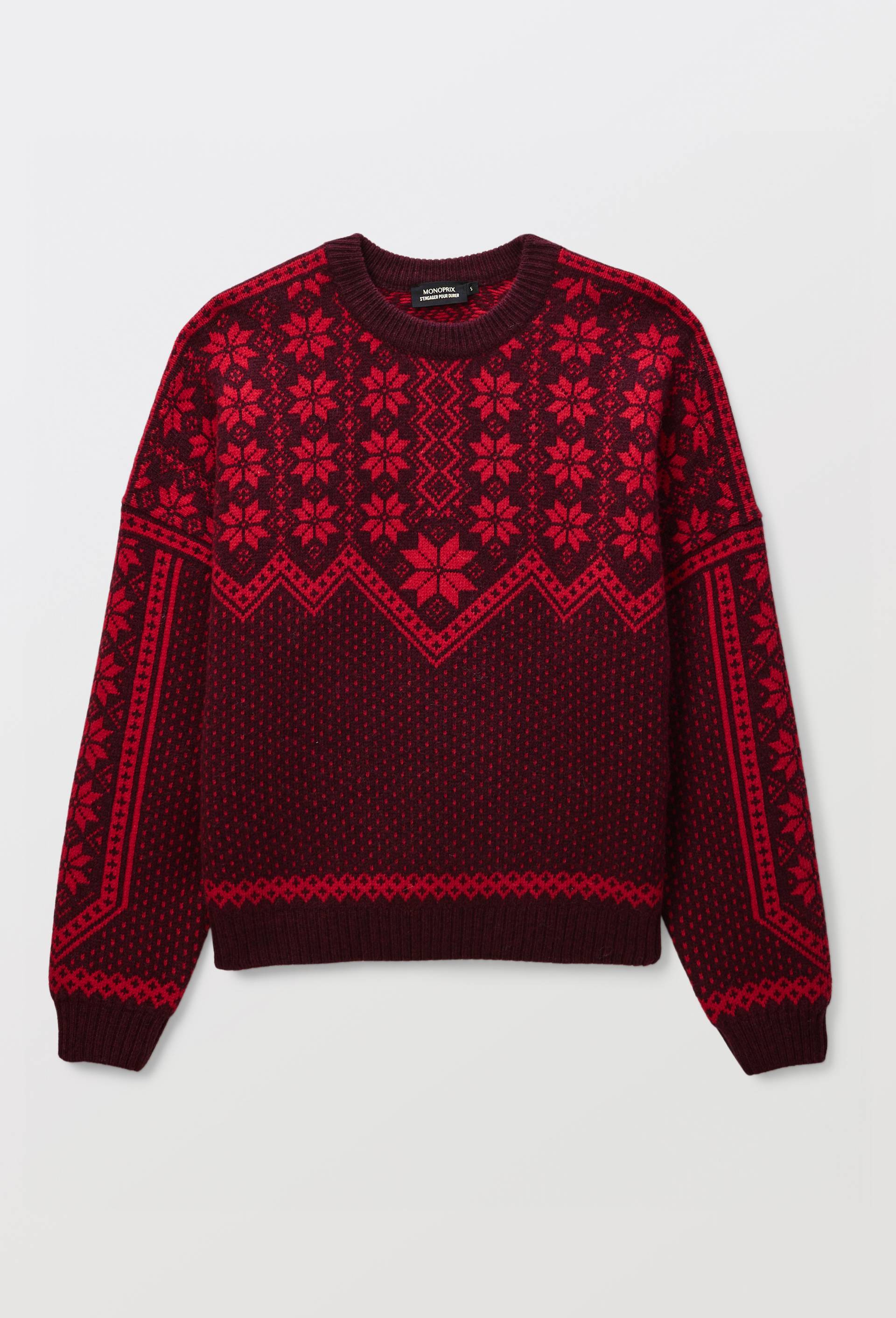 Pull manches longues en jacquard  en laine, Rouge fonc&eacute;, large image number 2